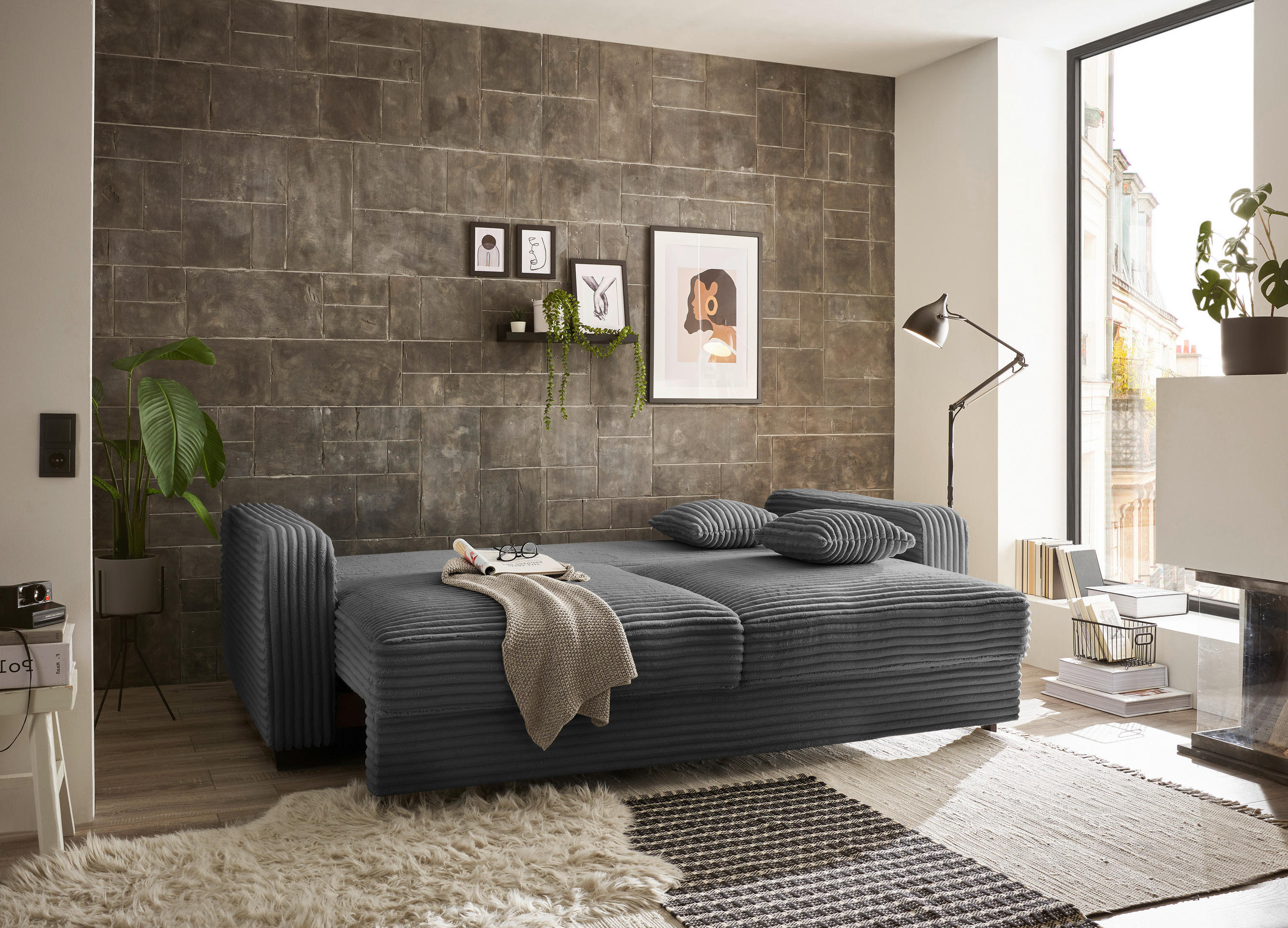 SCHLAFSOFA Cord Anthrazit  - Anthrazit/Schwarz, KONVENTIONELL, Kunststoff/Textil (235/89/92cm) - MID.YOU