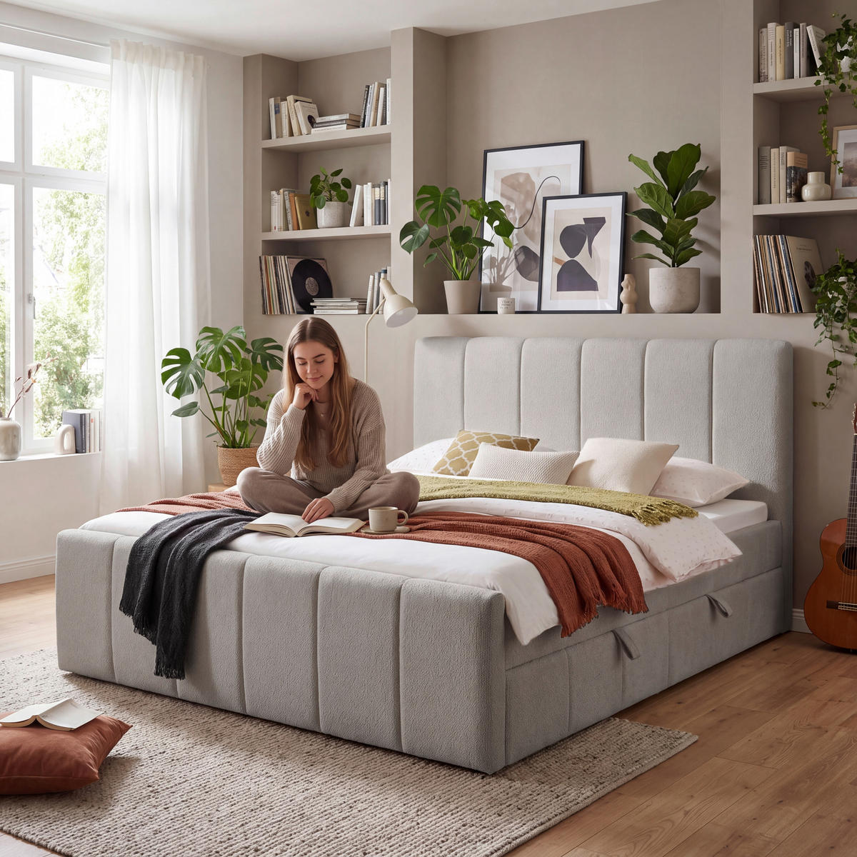 BOXBETT 180/200 cm,  in Grau, gepolstertes Kopfteil, Bettkasten, Topper, Matratzen, H3 + H3 = fest  - Schwarz/Grau, Basics, Kunststoff/Textil (180/200cm) - Chameo