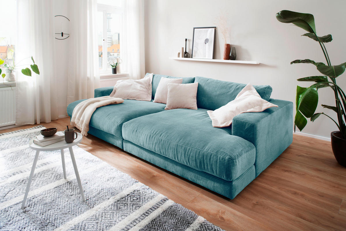 MEGASOFA Cord Petrol  - Petrol/Schwarz, Design, Kunststoff/Textil (290/86/170cm) - Pure Home Lifestyle
