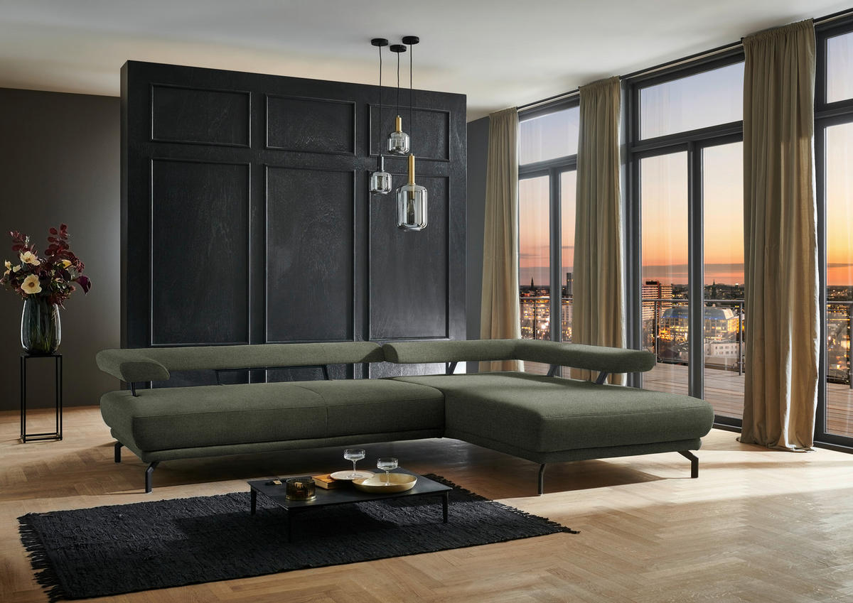ECKSOFA in Chenille Olivgrün  - Schwarz/Olivgrün, Design, Textil/Metall (305/224cm) - Dieter Knoll