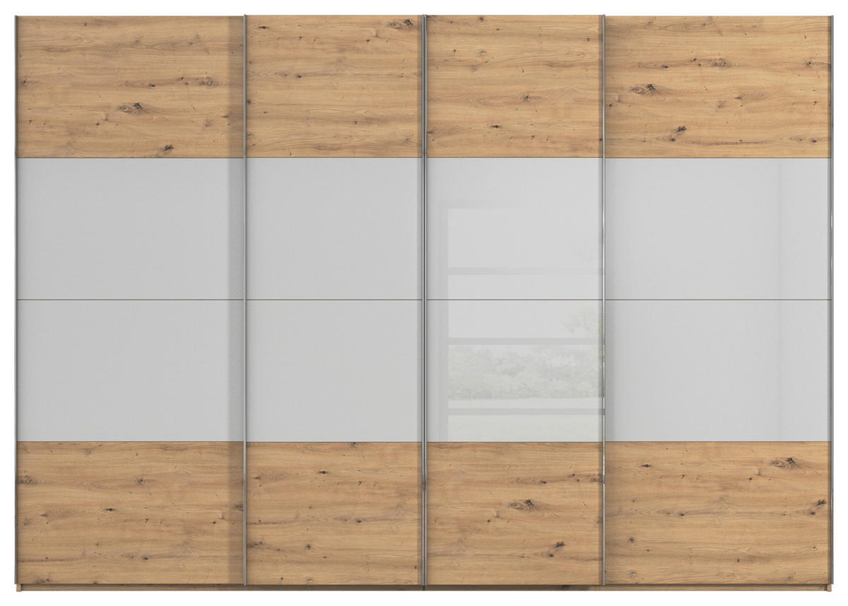 SCHWEBETÜRENSCHRANK 316/235/68 cm 4-türig Grau, Eiche Artisan  - Chromfarben/Eiche Artisan, KONVENTIONELL, Glas/Holzwerkstoff (316/235/68cm) - Novel
