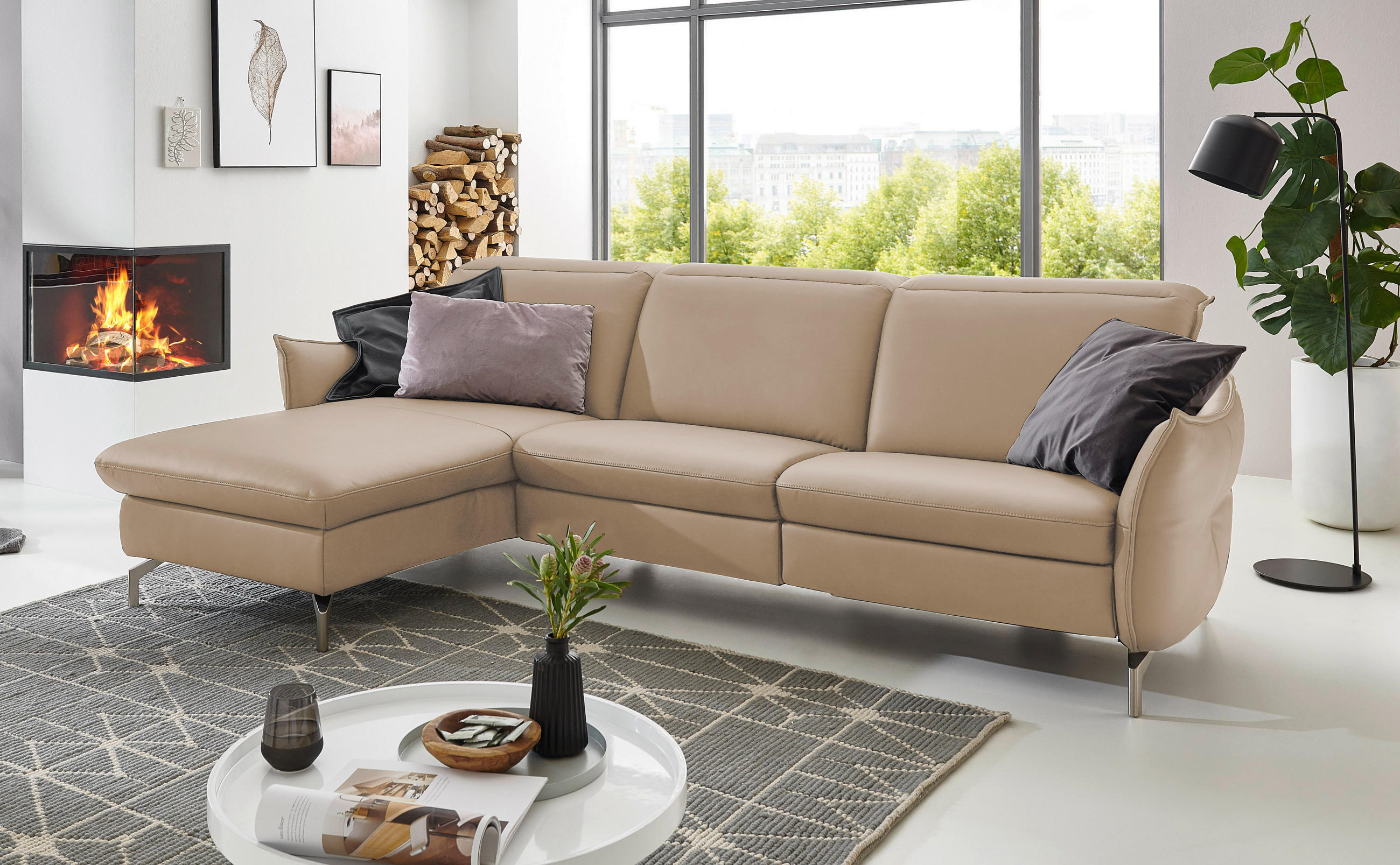 ECKSOFA in Lederlook (vegan) Sandfarben - Sandfarben/Nickelfarben, Modern, Textil/Metall (179/263cm) - Livetastic