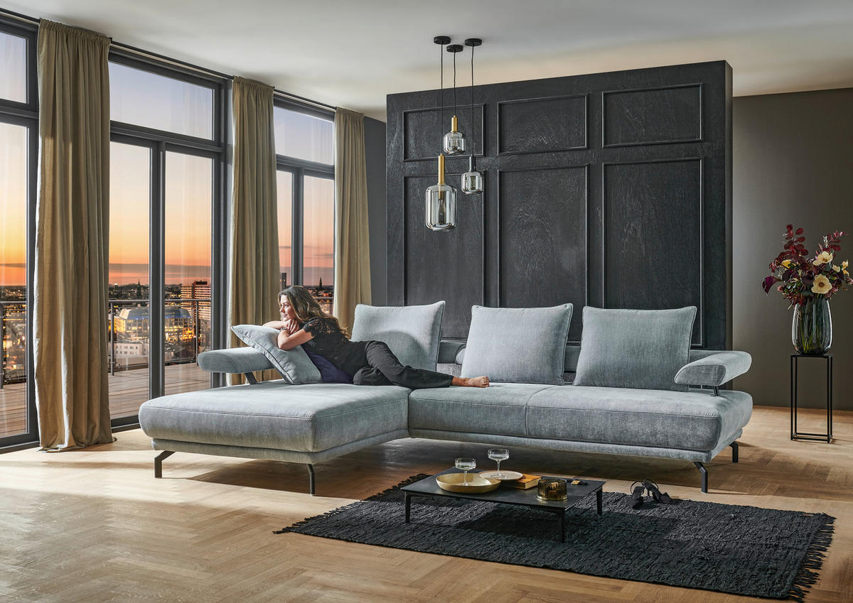 ECKSOFA 224/305 cm Fino in Chenille Hellblau Rückenkissen, Rücken echt, Sitztiefenverstellung  224/305 cm  - Schwarz/Hellblau, Design, Textil/Metall (224/305cm) - Dieter Knoll