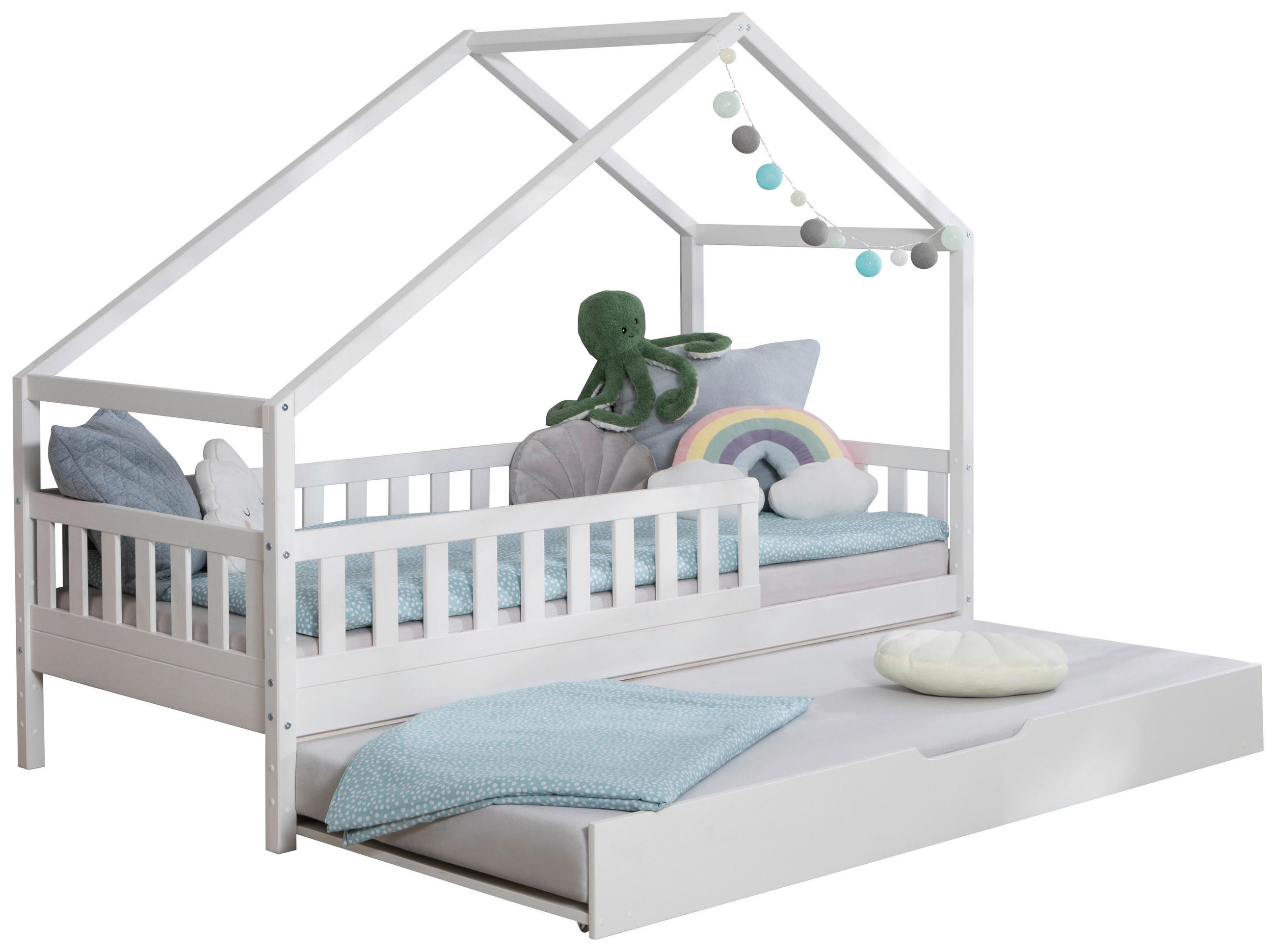 Thumbnail - Mid.you Hausbett, Weiß, Holz, Birke,Kiefer, Schichtholz, Höhe ca. 16 cm, seitenverkehrt montierbar, 90x200 cm, transform...