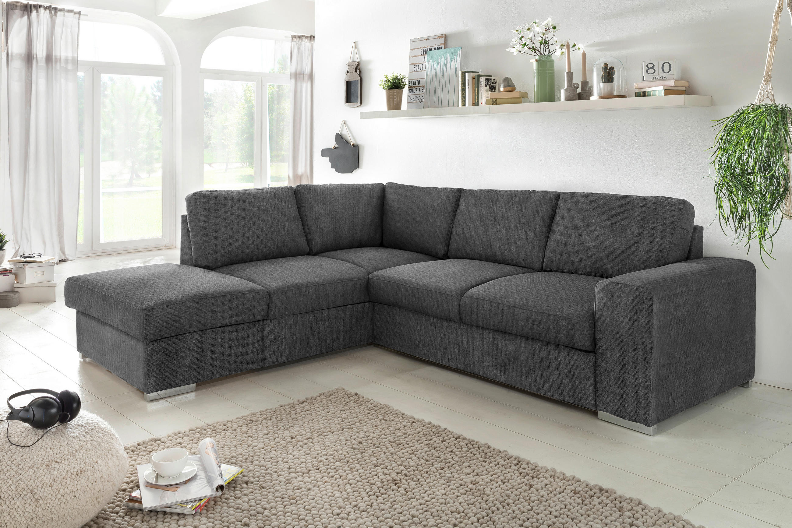 ECKSOFA Dunkelgrau Mikrofaser  - Chromfarben/Dunkelgrau, KONVENTIONELL, Textil/Metall (213/248cm) - MID.YOU