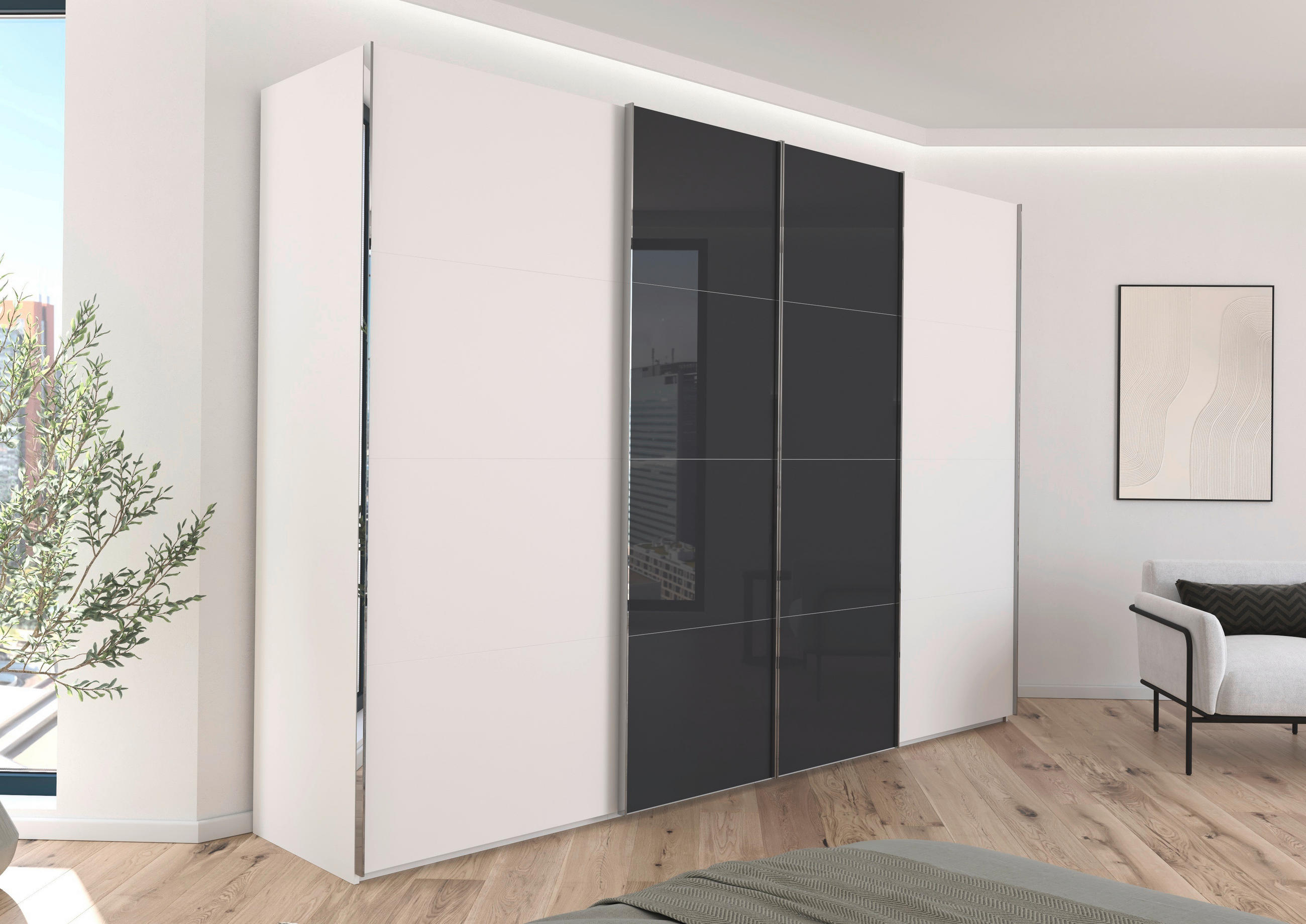 SCHWEBETÜRENSCHRANK 316/223/68 cm 4-türig Schwarz, Weiß  - Chromfarben/Schwarz, KONVENTIONELL, Glas/Holzwerkstoff (316/223/68cm) - Novel