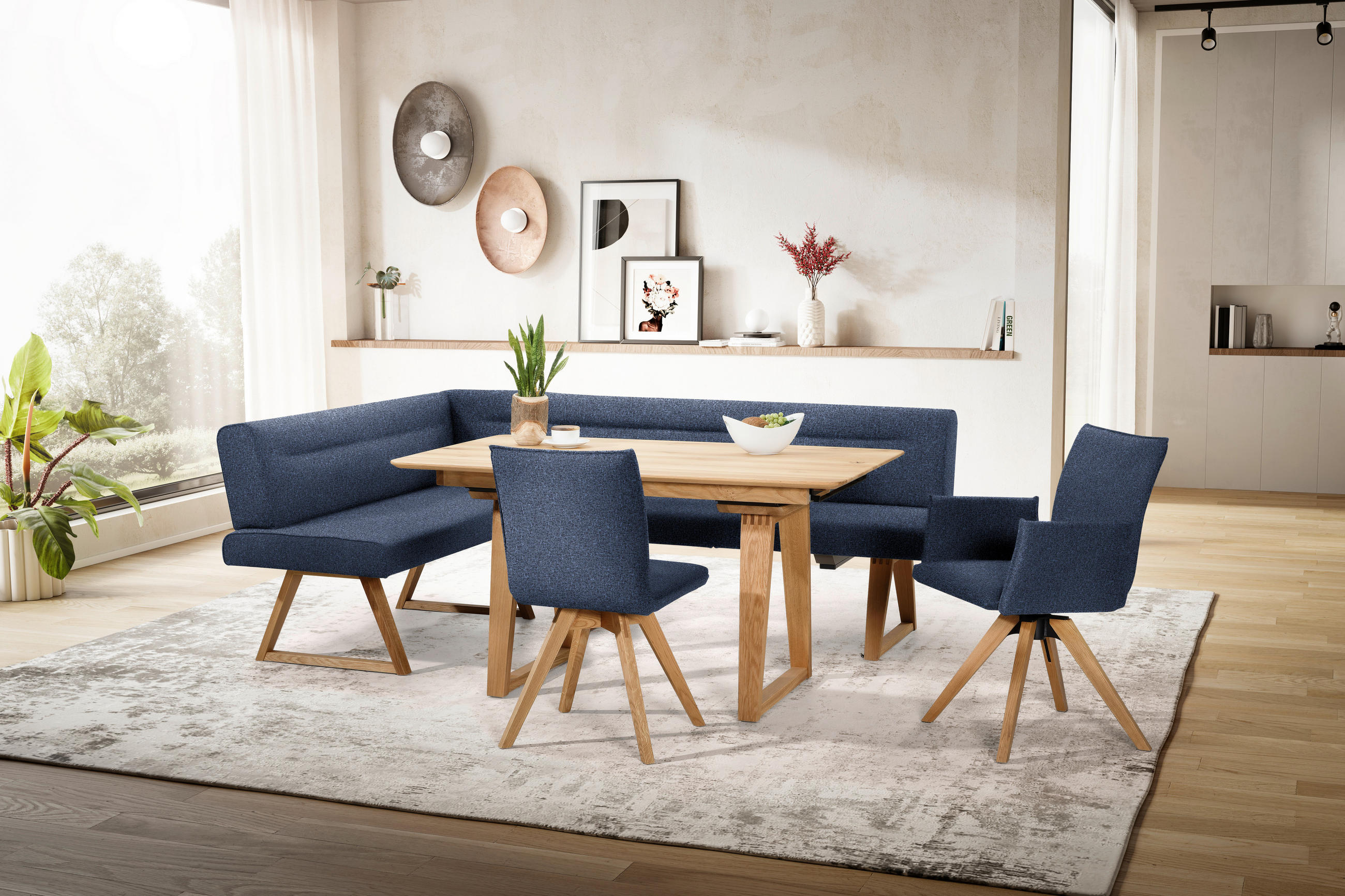 Thumbnail - Moderano Eckbank, Eiche, Dunkelblau, Holz, Textil, Wildeiche, massiv, 5-Sitzer, L-Form, 230x170 cm, Fußauswahl, Stoffaus...