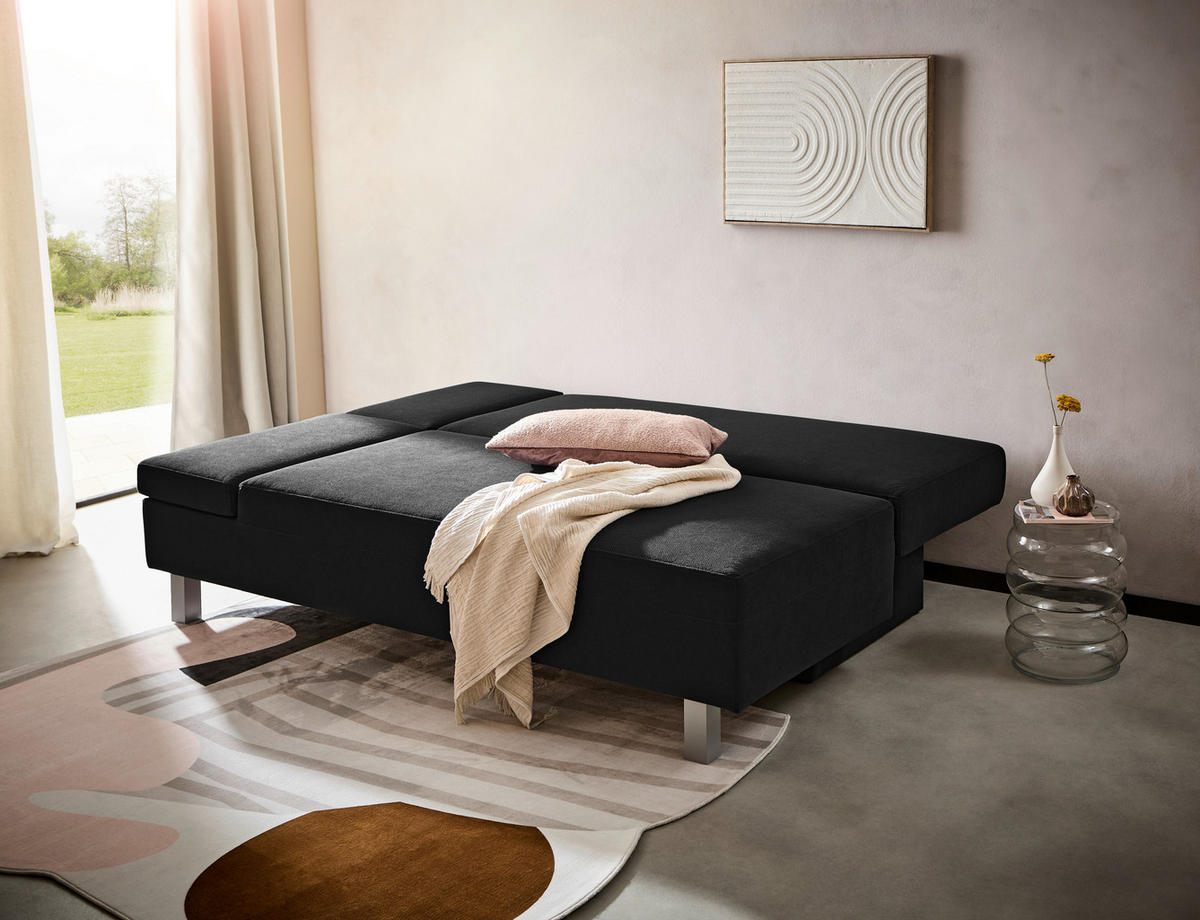 SCHLAFSOFA  mit Stoffauswahl, Schlafen auf Sitzhöhe, Armteil links Flachgewebe Schwarz  - Chromfarben/Schwarz, Design, Holz/Textil (205/77-93/99cm) - Novel