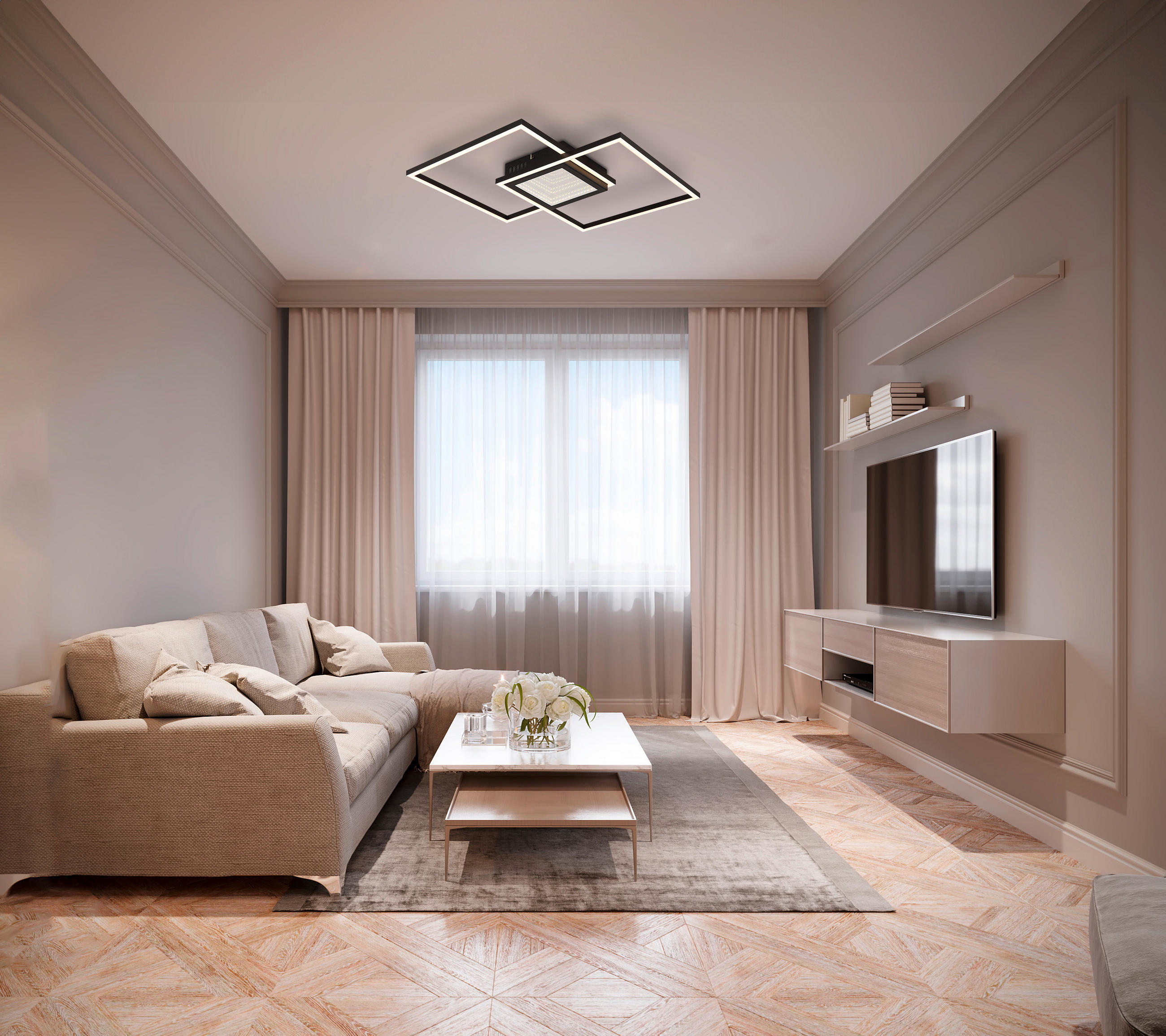 LED-DECKENLEUCHTE 42,6/42,6/5 cm   - Opal/Schwarz, Design, Kunststoff/Metall (42,6/42,6/5cm) - Globo