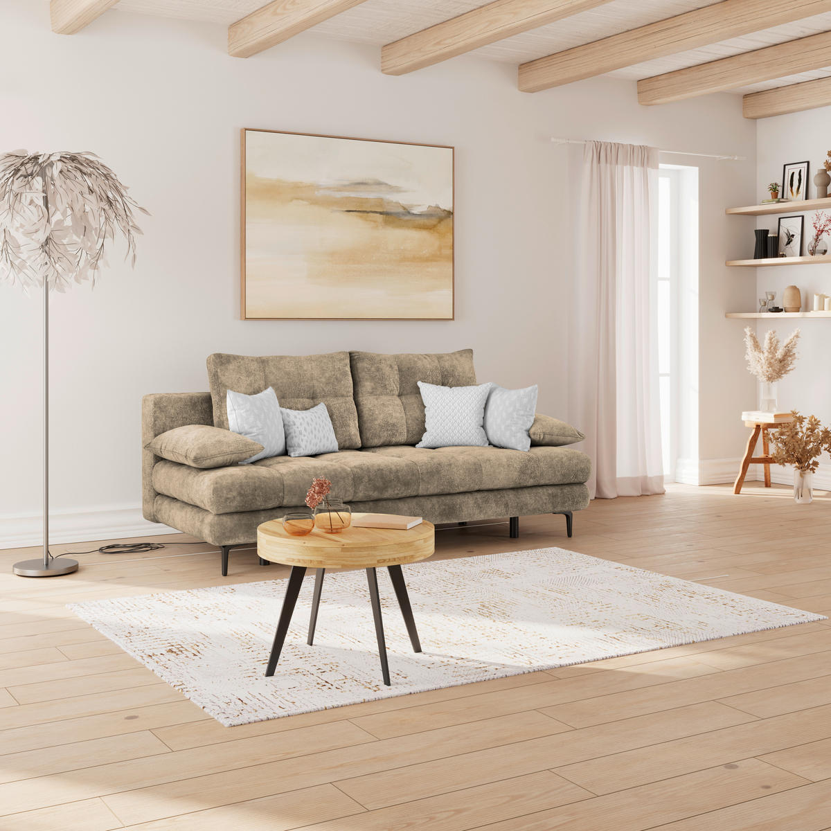 SCHLAFSOFA  mit Liegefunktion, Schlafen auf Sitzhöhe, Rücken echt Chenille Hellbraun  - Hellbraun/Schwarz, KONVENTIONELL, Textil/Metall (203/94/96cm) - Carryhome