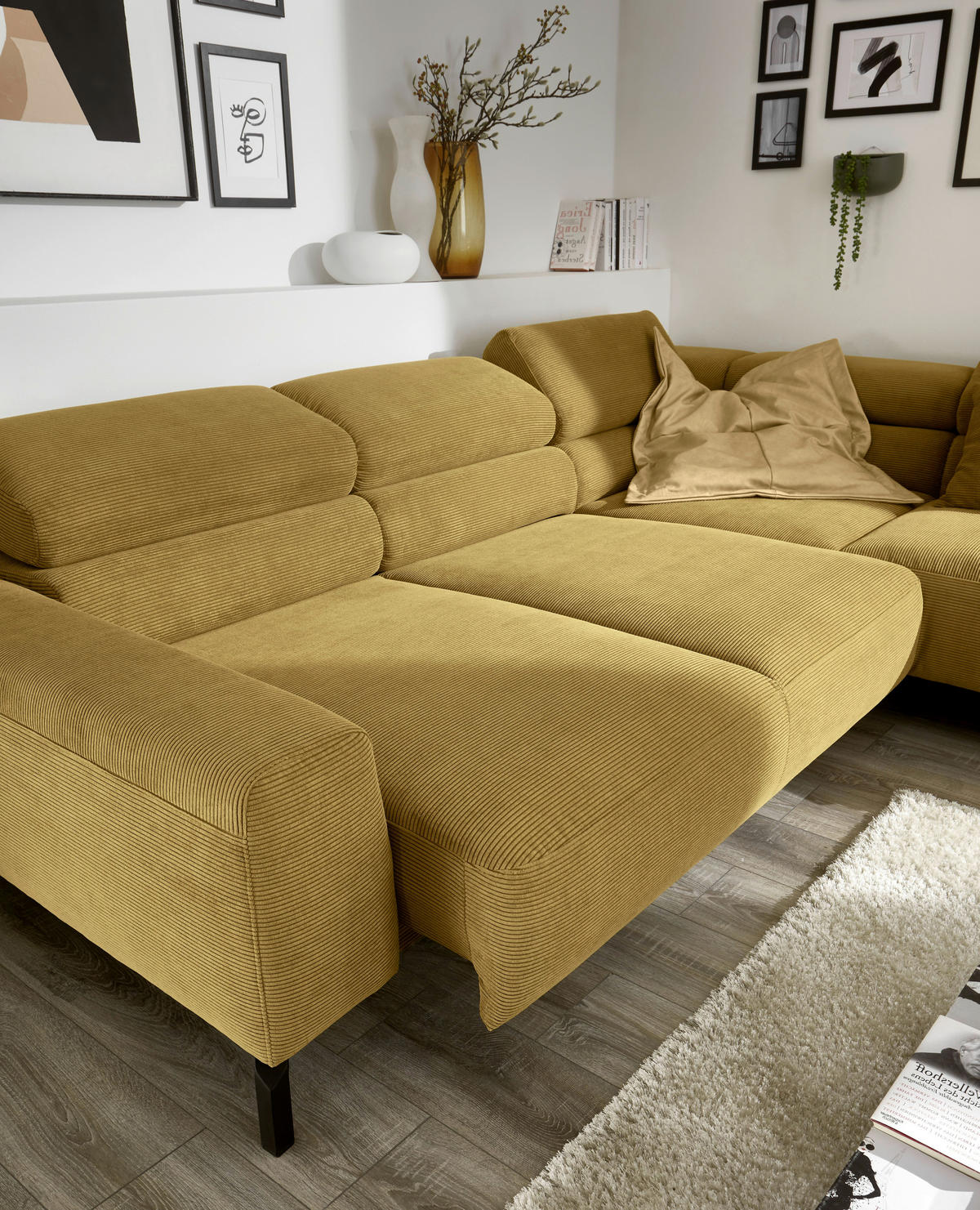 ECKSOFA in Feincord Gelb  - Gelb/Schwarz, Design, Textil/Metall (273/219cm) - Pure Home Comfort