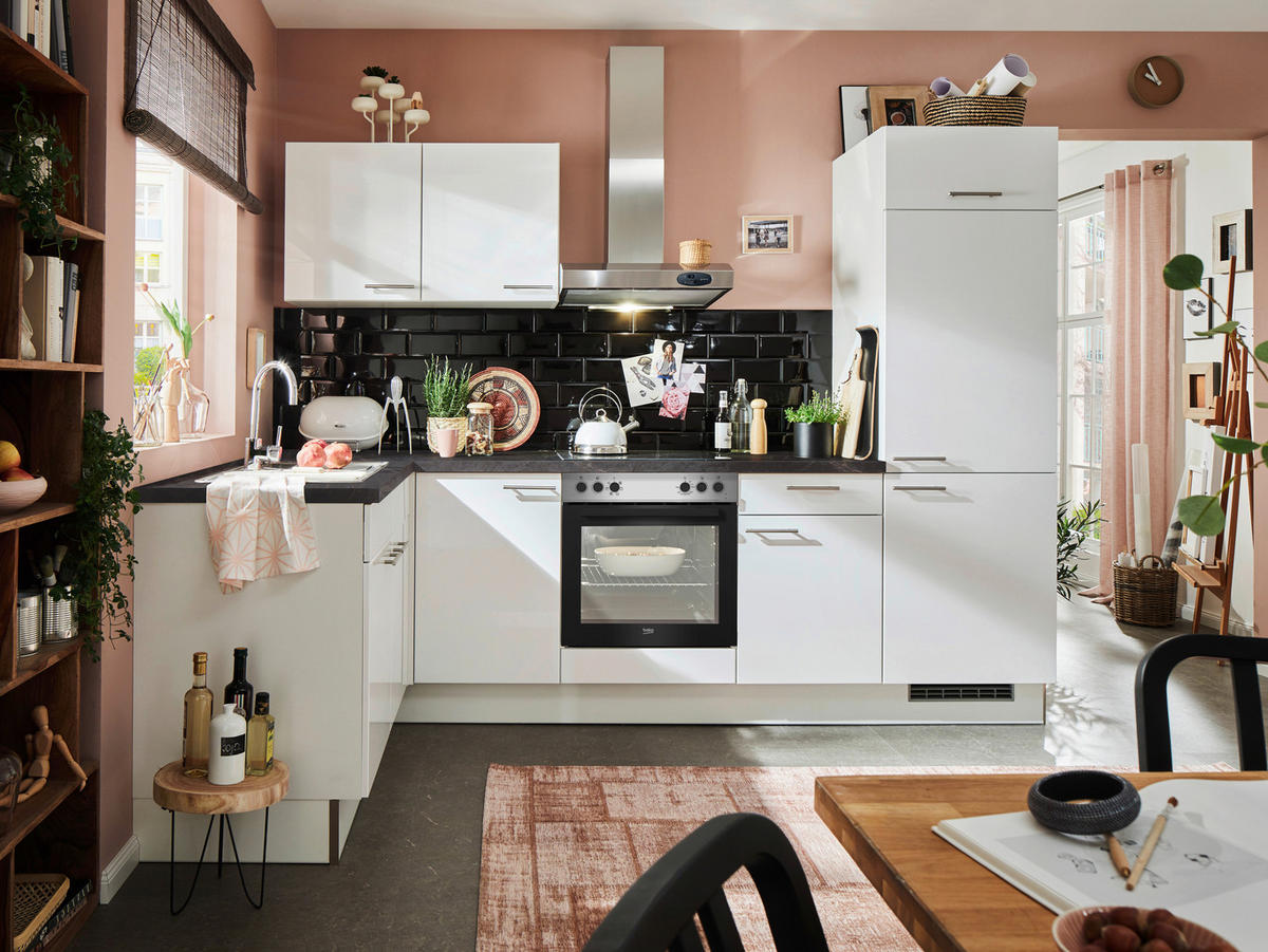 ECKKÜCHE 165/285 cm  in Grau, Weiß Hochglanz  - Edelstahlfarben/Dunkelgrau, Design, Holzwerkstoff/Metall (165/285cm) - Pino