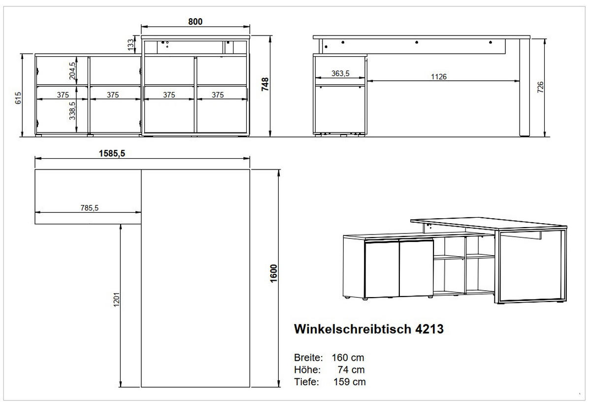 ECKSCHREIBTISCH 160/159/74 cm Grau, Eichefarben Stauraum, seitenverkehrt montierbar  - Eichefarben/Schwarz, MODERN, Holzwerkstoff/Metall (160/159/74cm) - Novel