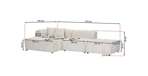ECKSOFA Hellgrau Cord Zierkissen, Rücken echt  - Hellgrau/Schwarz, KONVENTIONELL, Kunststoff/Textil (162/313cm) - Carryhome