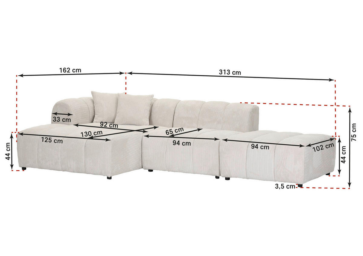 ECKSOFA Naturfarben Cord Zierkissen, Rücken echt  - Schwarz/Naturfarben, KONVENTIONELL, Kunststoff/Textil (162/313cm) - Carryhome