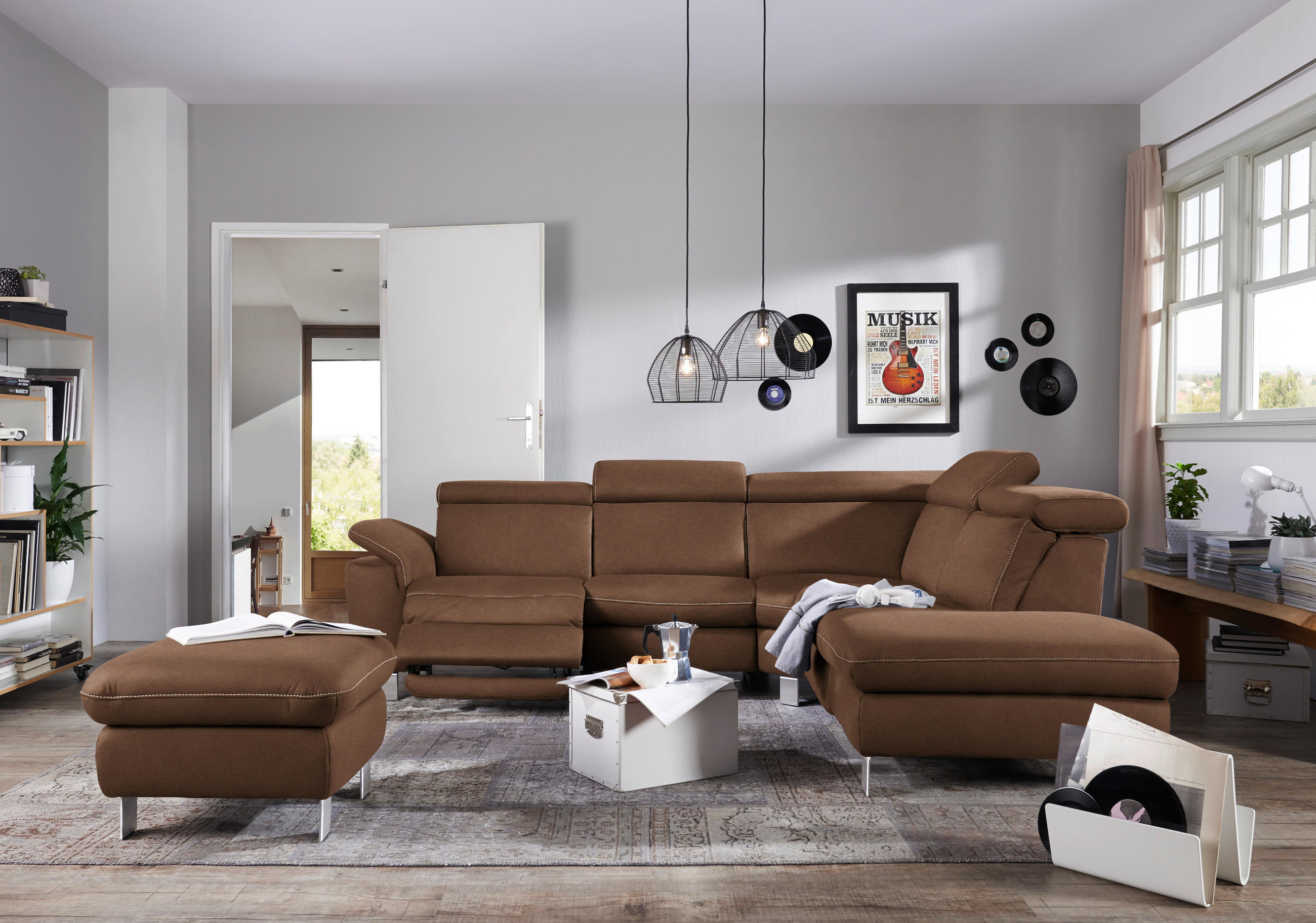 ECKSOFA in Flachgewebe, Mikrofaser Braun  - Beige/Alufarben, Design, Textil/Metall (271/239cm) - Cantus