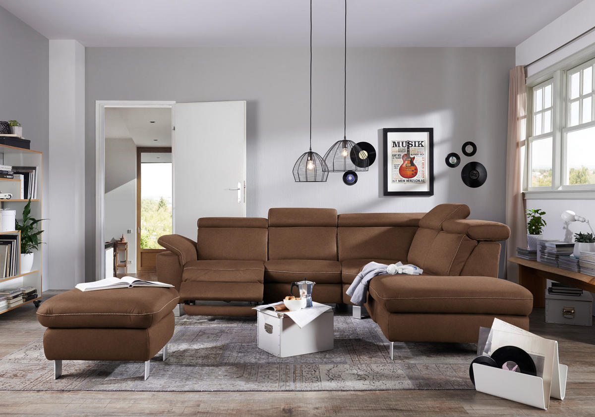 ECKSOFA in Flachgewebe, Mikrofaser Braun  - Beige/Alufarben, Design, Textil/Metall (271/239cm) - Cantus