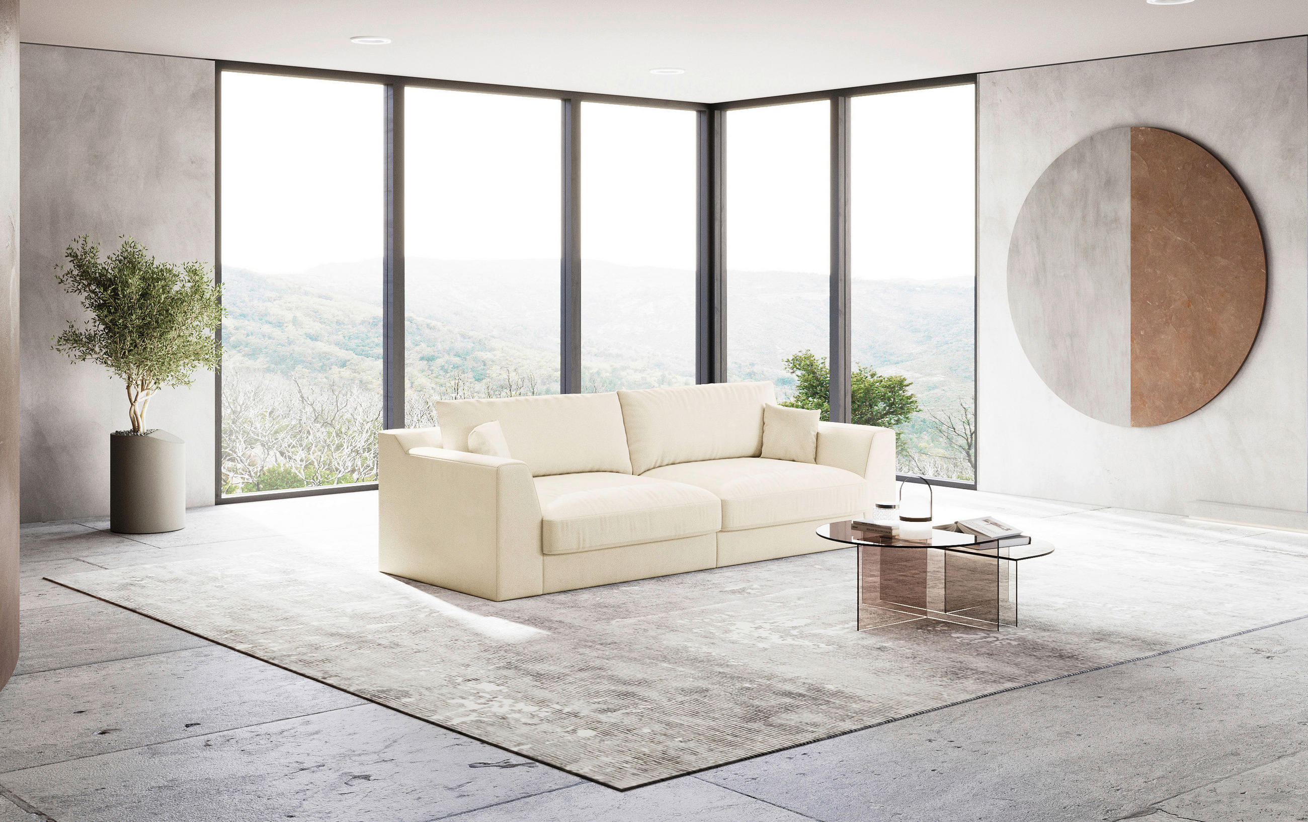 BIGSOFA in Chenille, Flachgewebe Creme  - Creme/Schwarz, Design, Kunststoff/Textil (276/90/109cm) - Sit & More