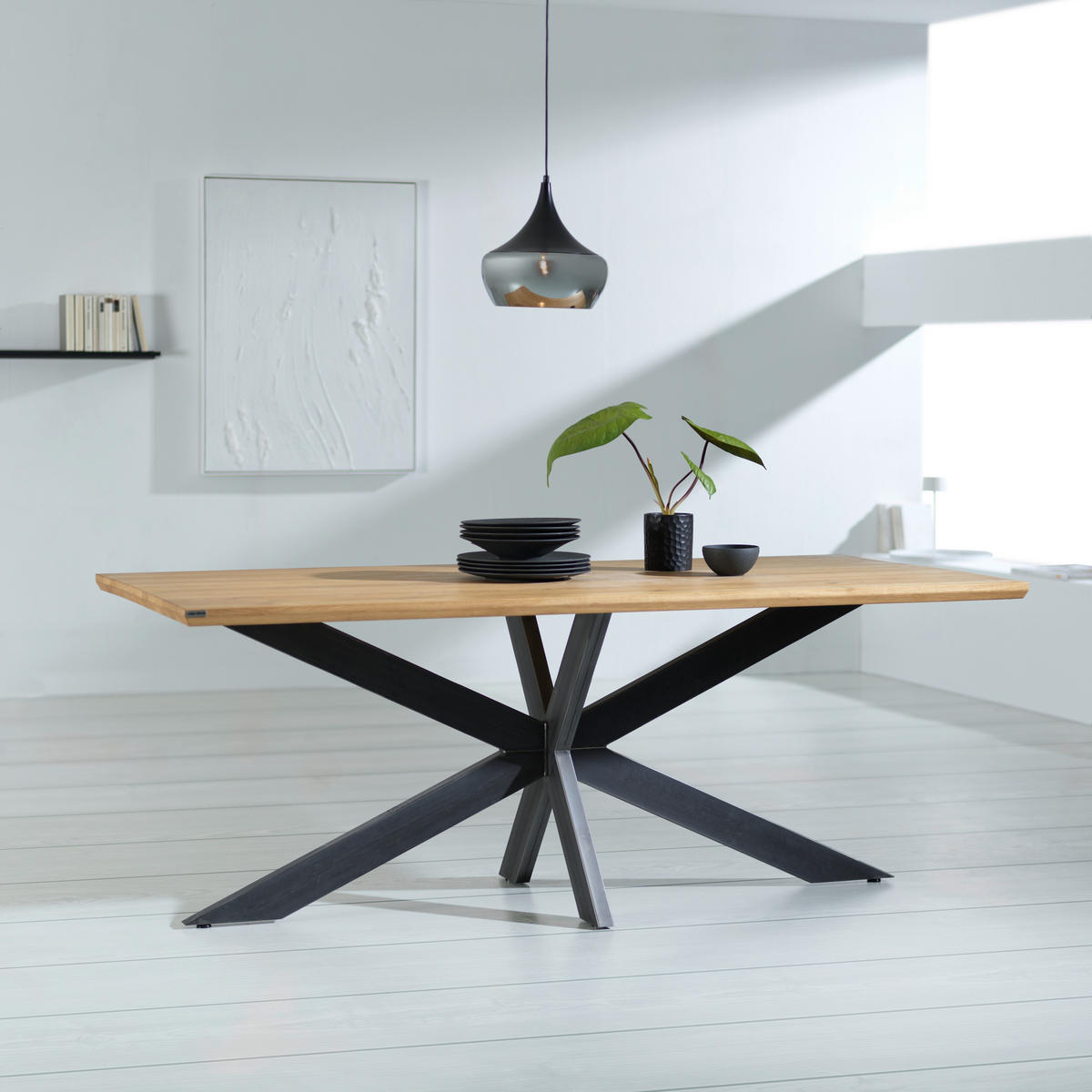 JEDILNA MIZA, masivno divji hrast barve hrasta  - črna/barve hrasta, Design, kovina/les (200/100/77cm) - Linea Natura