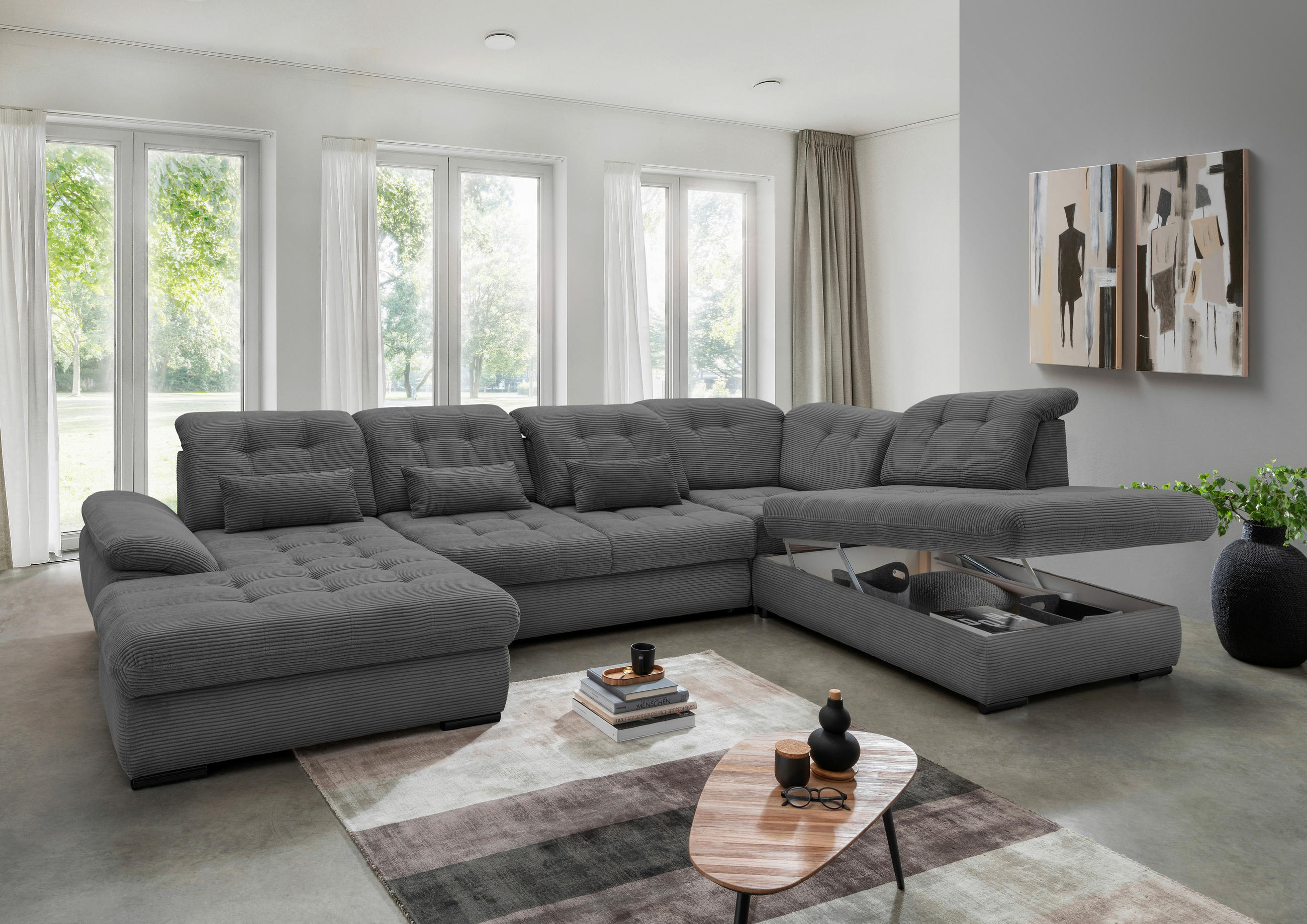 WOHNLANDSCHAFT Grau Cord - Schwarz/Grau, MODERN, Textil/Metall (184/387/252cm) - Livetastic