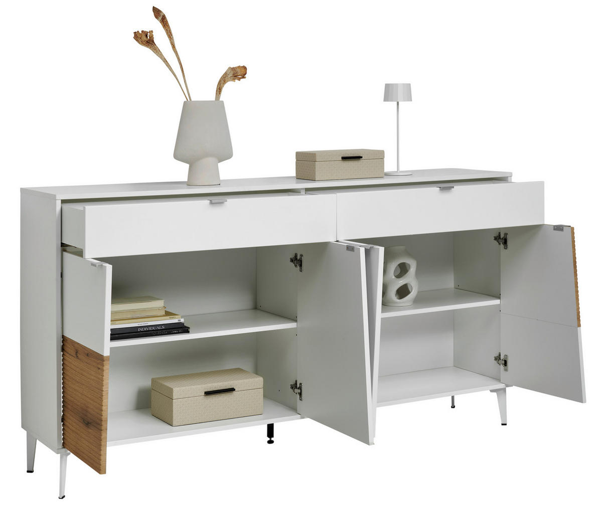 SIDEBOARD Weiß, Eichefarben  182/98/40 cm  - Eichefarben/Silberfarben, KONVENTIONELL, Holzwerkstoff/Metall (182/98/40cm) - Stylife