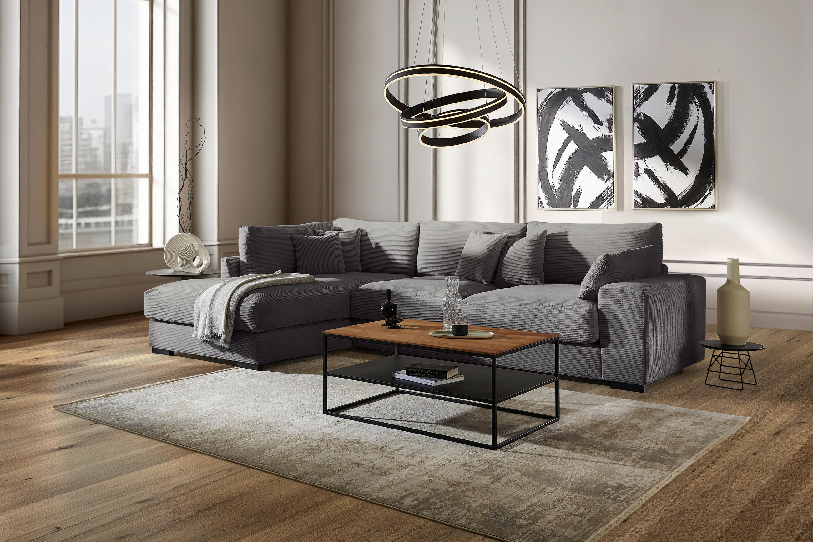 ECKSOFA in Cord Graphitfarben  - Schwarz/Graphitfarben, Design, Kunststoff/Textil (340/205cm) - Lomoco