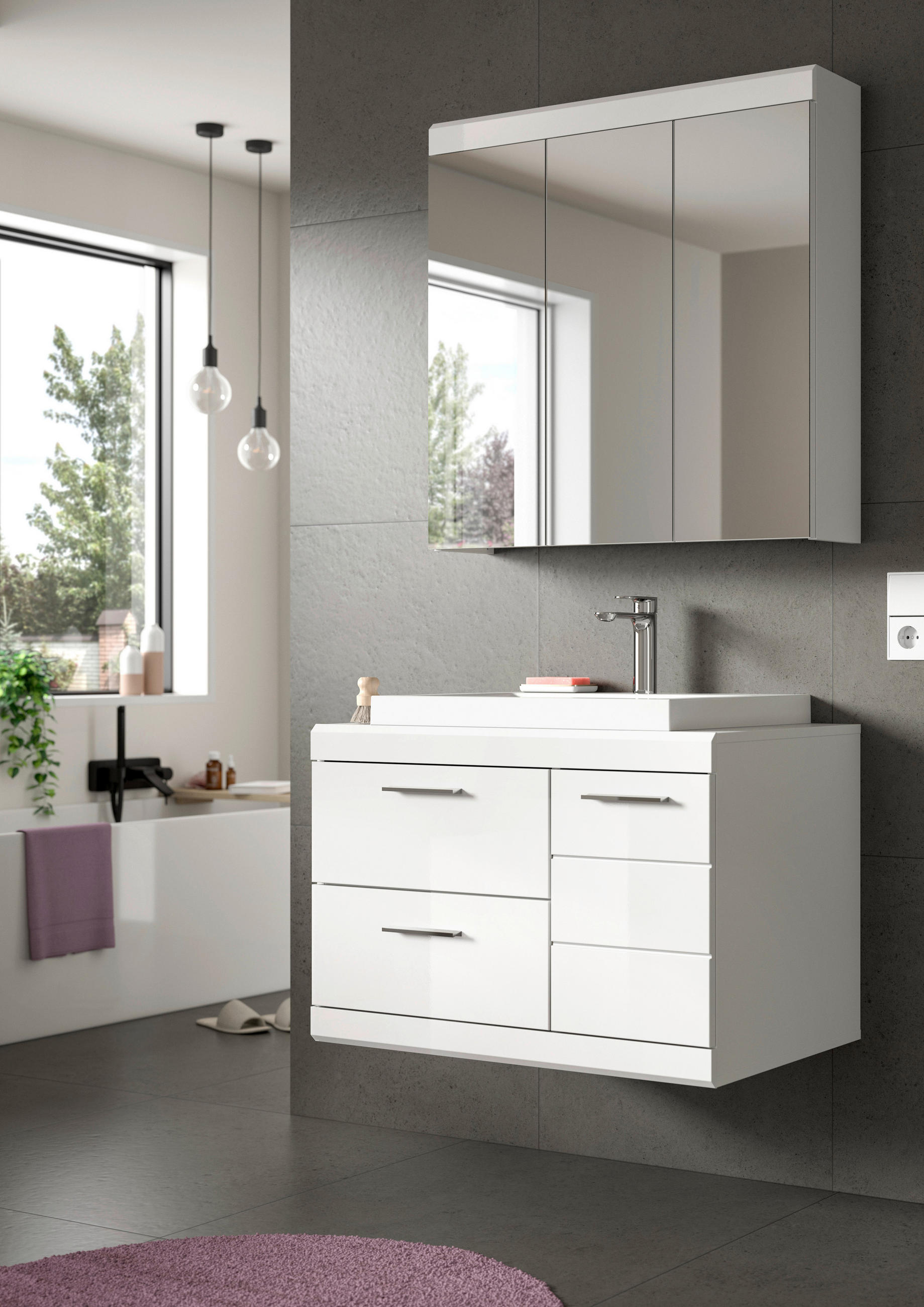 BADEZIMMER 3-teilig  in 80 cm  - Weiß Hochglanz/Silberfarben, Trend, Glas/Holzwerkstoff (80cm) - MID.YOU