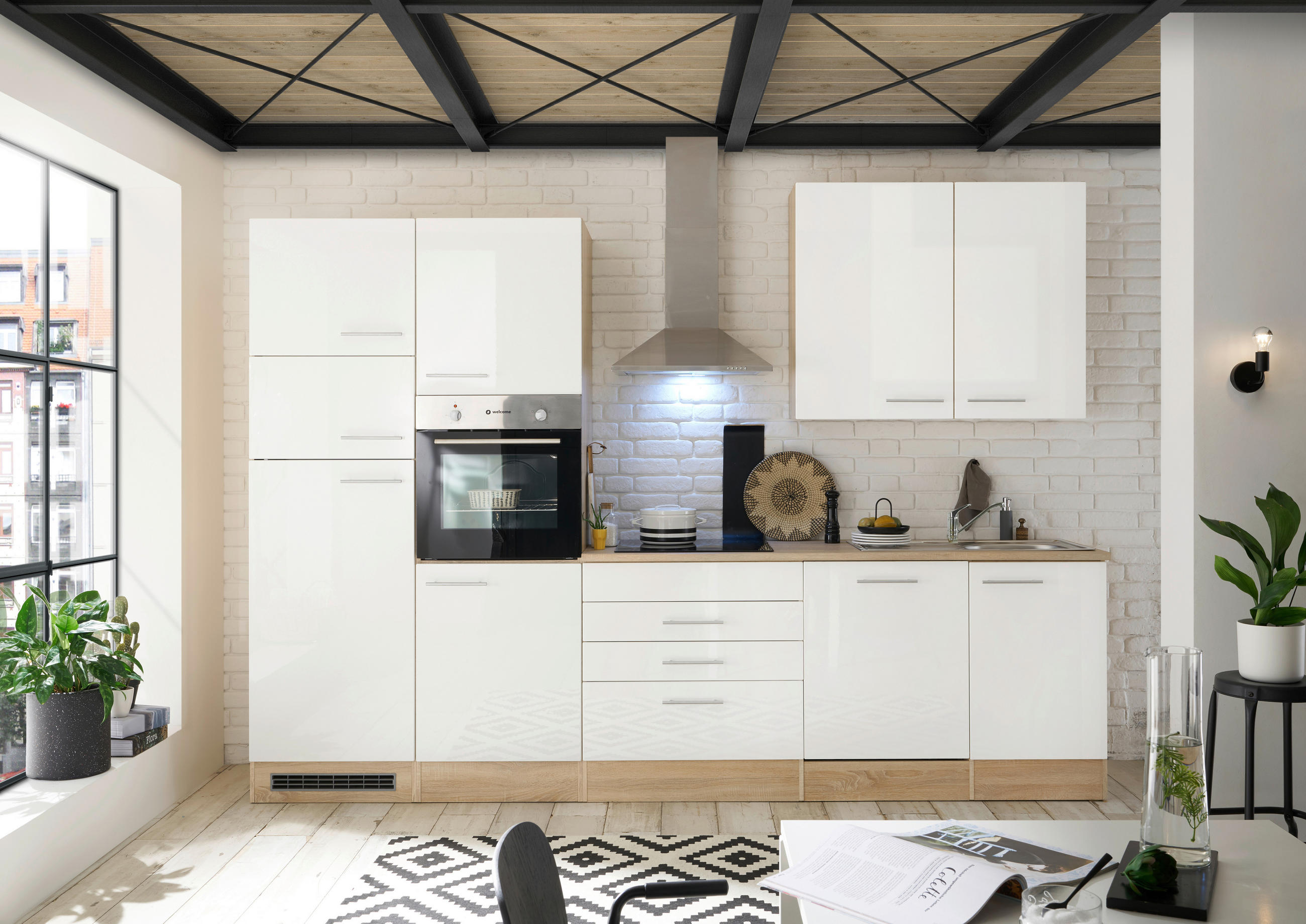 BLOK KUHINJA BEZ APARATA bijela, hrast Sonoma - bijela/hrast Sonoma, Moderno, drvni materijal (310cm) - MID.YOU