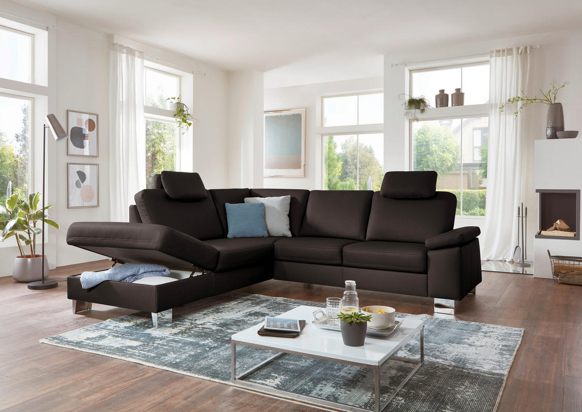 ECKSOFA  in Echtleder Graubraun  235/248 cm  - Graubraun/Alufarben, Design, Leder/Metall (235/248cm) - Beldomo Premium