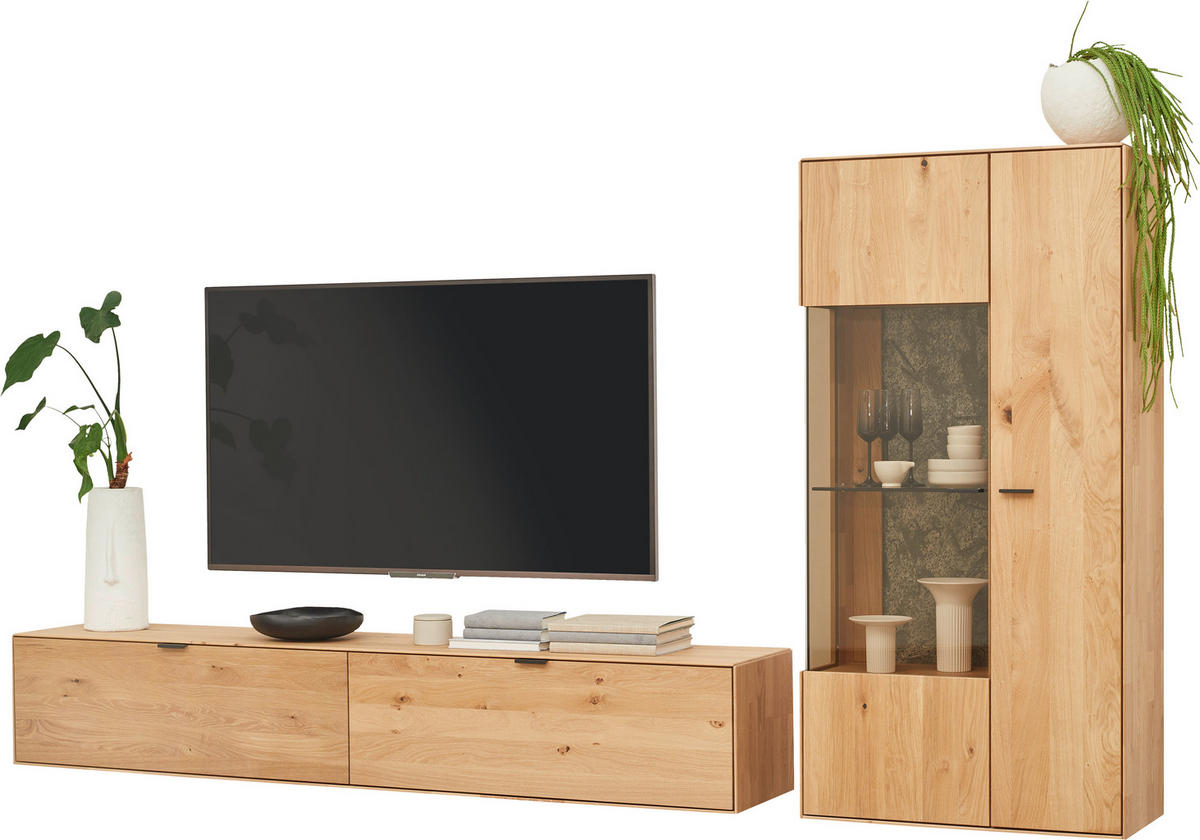 WOHNWAND  in Wildeiche 303,8/184,6/37,1 cm  - Wildeiche/Schwarz, Natur, Glas/Holz (303,8/184,6/37,1cm) - Valnatura