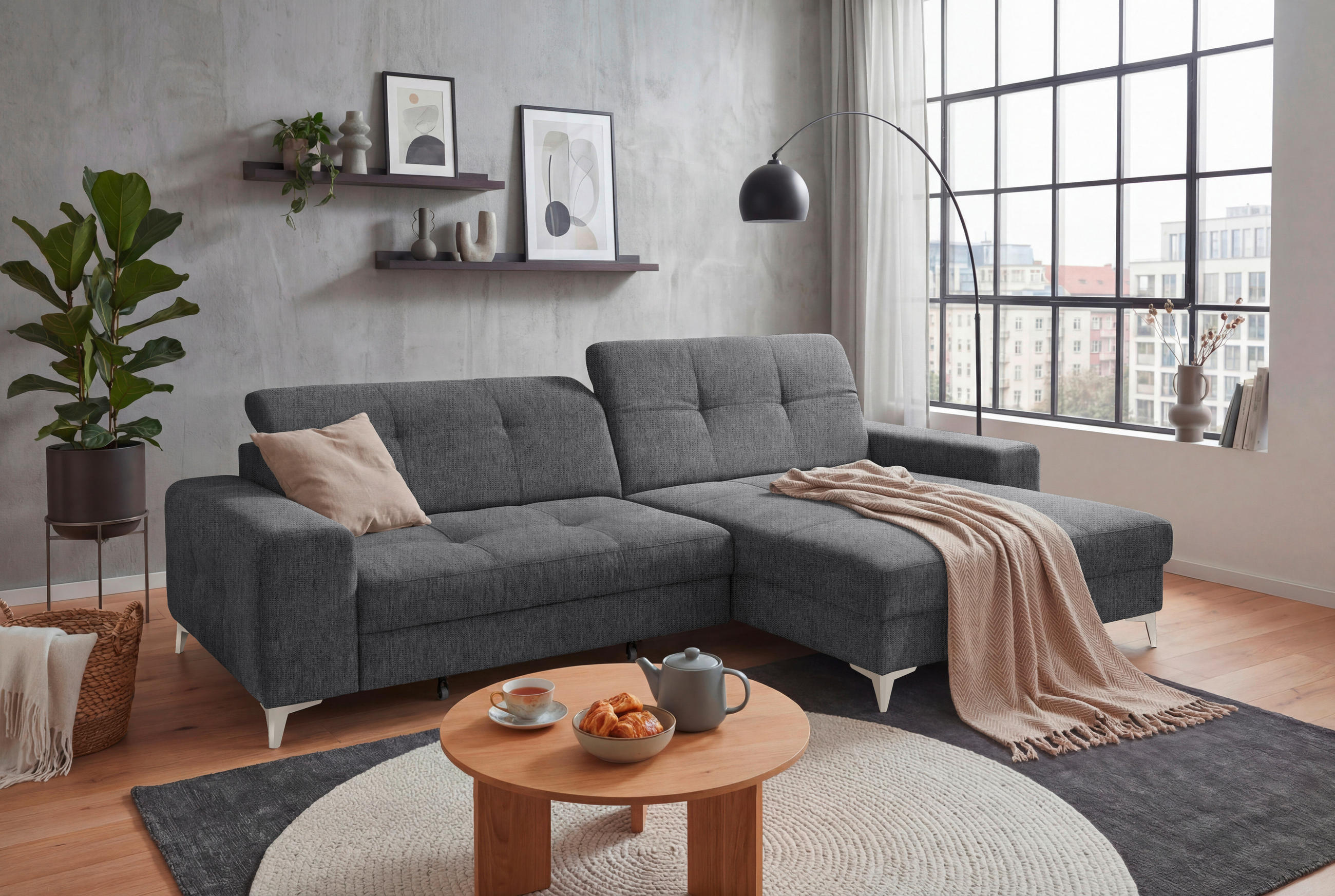 ECKSOFA SORELLA in Mikrovelours Anthrazit Kopfteilverstellung, Sitztiefenverstellung  328/182 cm  - Kaschmir/Anthrazit, Design, Kunststoff/Textil (328/182cm) - MID.YOU