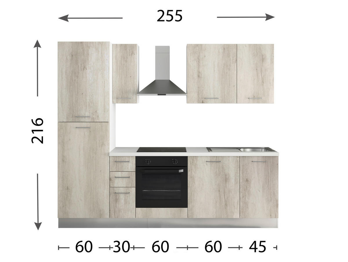KÜCHENBLOCK   in Eiche Bianco  - Eiche Bianco/Alufarben, MODERN, Holzwerkstoff/Kunststoff (255/88/216cm) - MID.YOU