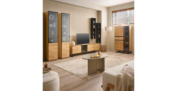 VITRINE  in furniert, massiv Wildeiche Wildeiche - Wildeiche/Schwarz, Natur, Glas/Holz (45/199/42cm) - Linea Natura