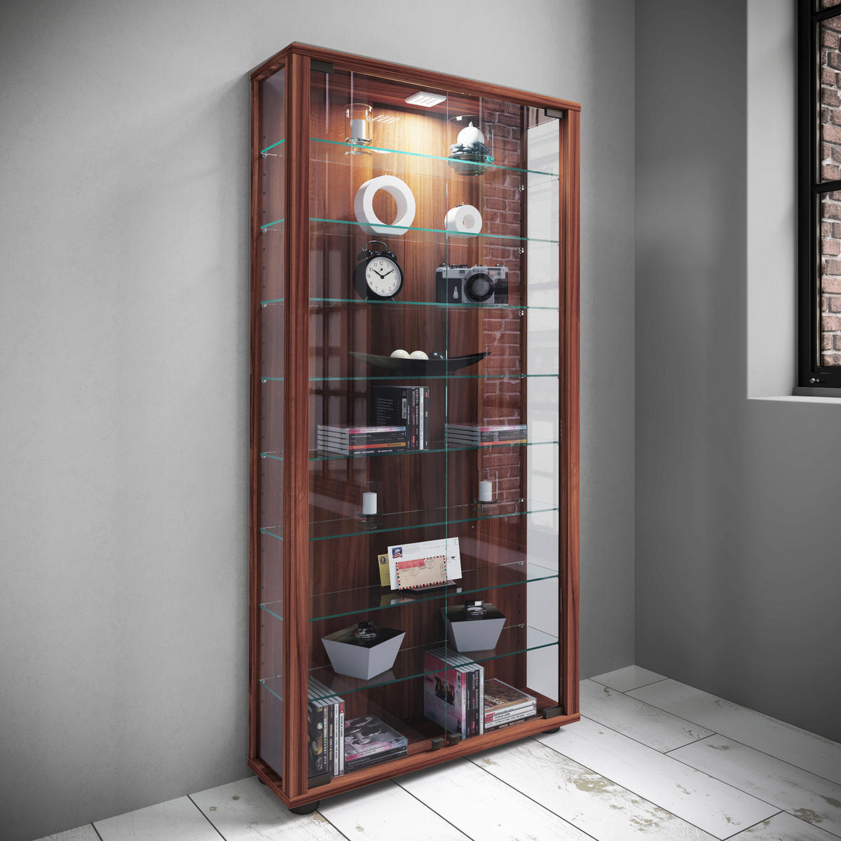 VITRINE in Nussbaumfarben  - Transparent/Nussbaumfarben, Design, Glas/Holzwerkstoff (59/113/18cm) - MID.YOU