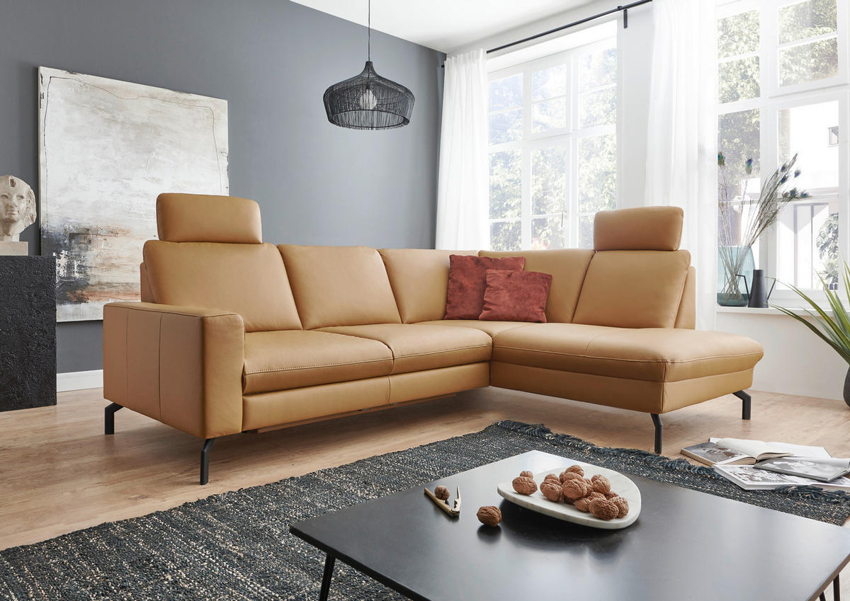 ECKSOFA in Echtleder Currygelb  - Currygelb/Schwarz, Design, Leder/Metall (194/250cm) - Beldomo Premium