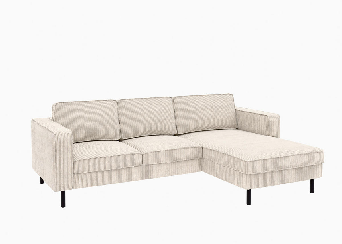 ECKSCHLAFSOFA WATKINS  mit Schlafen auf Sitzhöhe, Rücken echt, Armteil links, Armteil rechts Cord Creme  - Creme/Schwarz, MODERN, Textil/Metall (232/161cm) - Trendmanufaktur