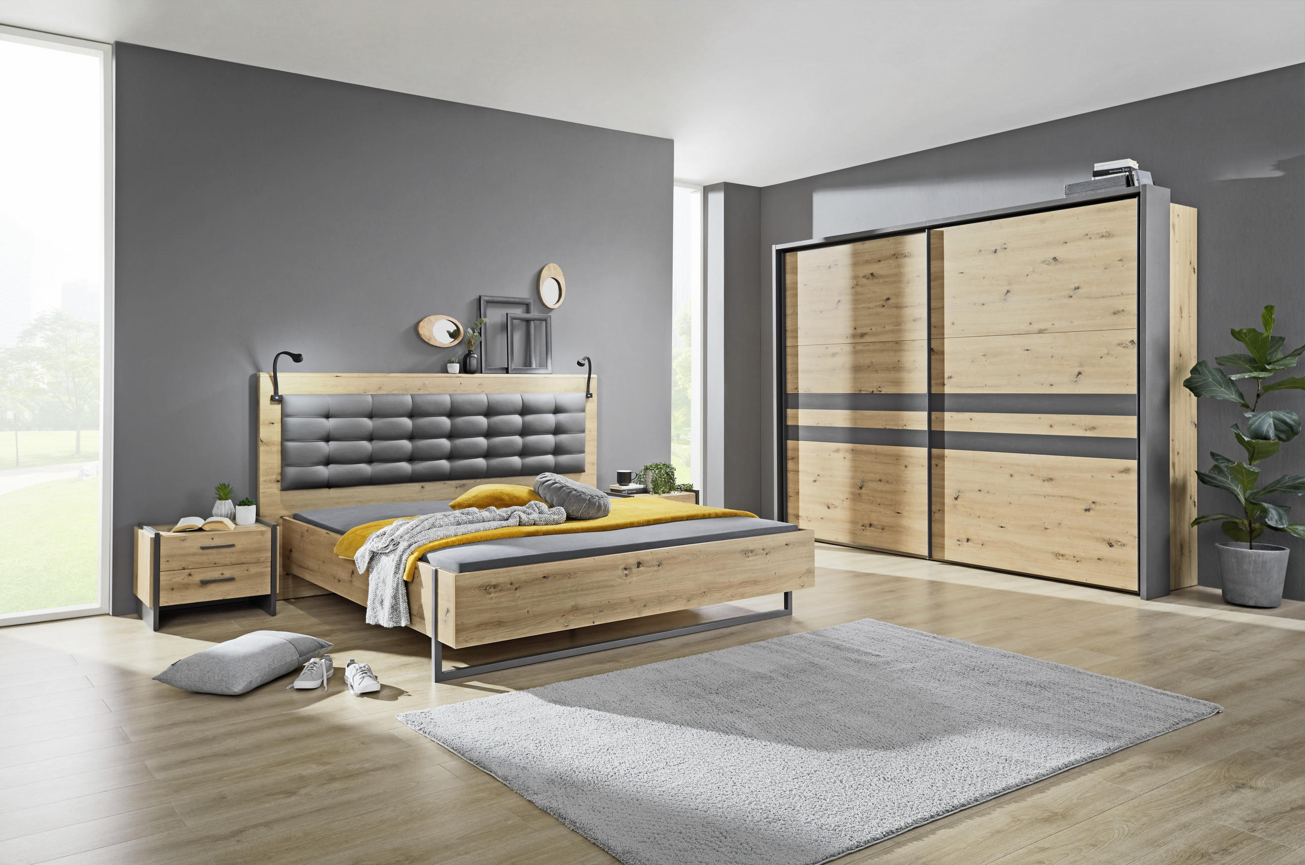 Thumbnail - Hom`in Nachtschrank, Eiche Artisan, Kunststoff, 2 Schubladen, 57x45x41 cm, Schlafzimmer, Nachttische