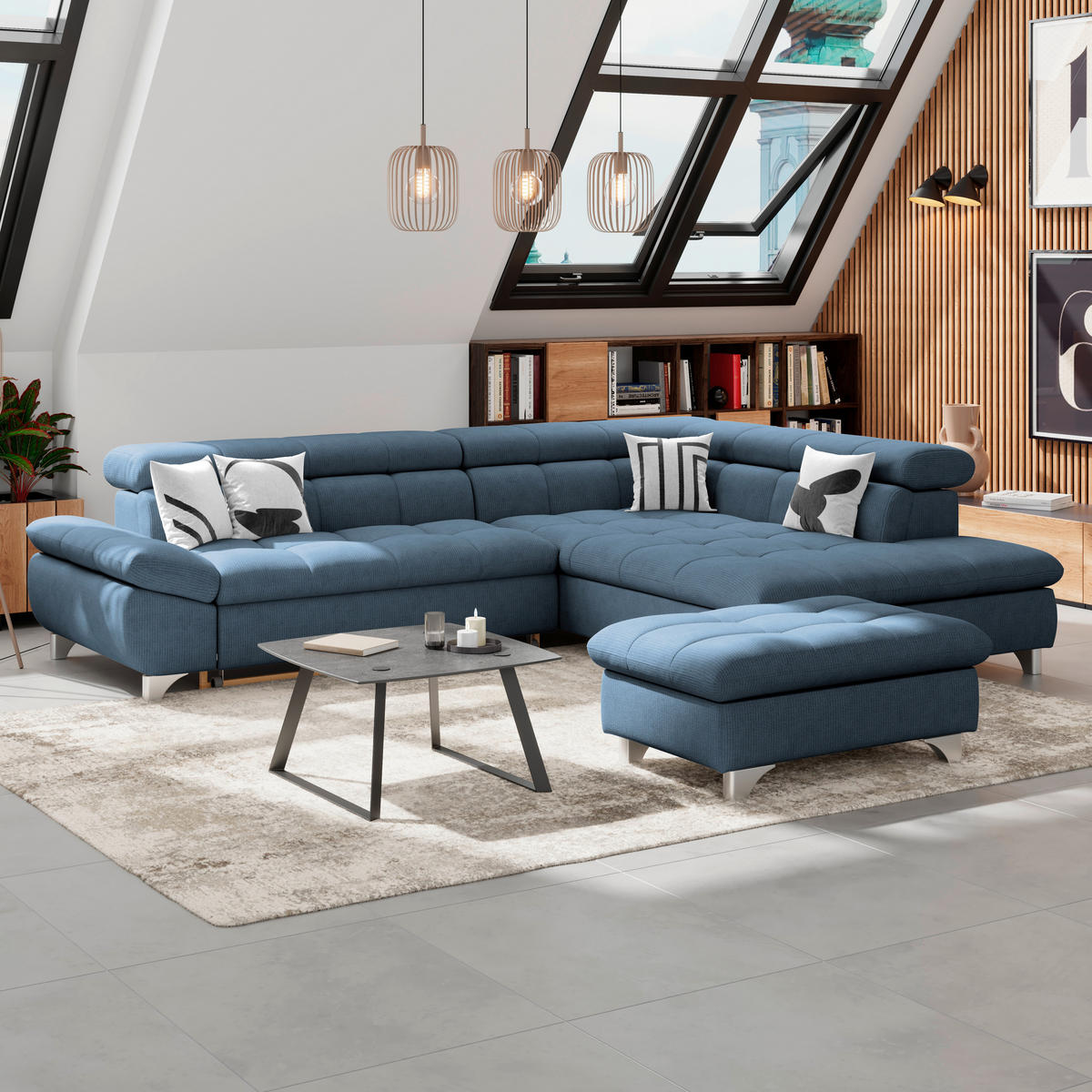 ECKSOFA Dunkelblau Chenille  - Chromfarben/Dunkelblau, KONVENTIONELL, Textil/Metall (312/234cm) - Livetastic