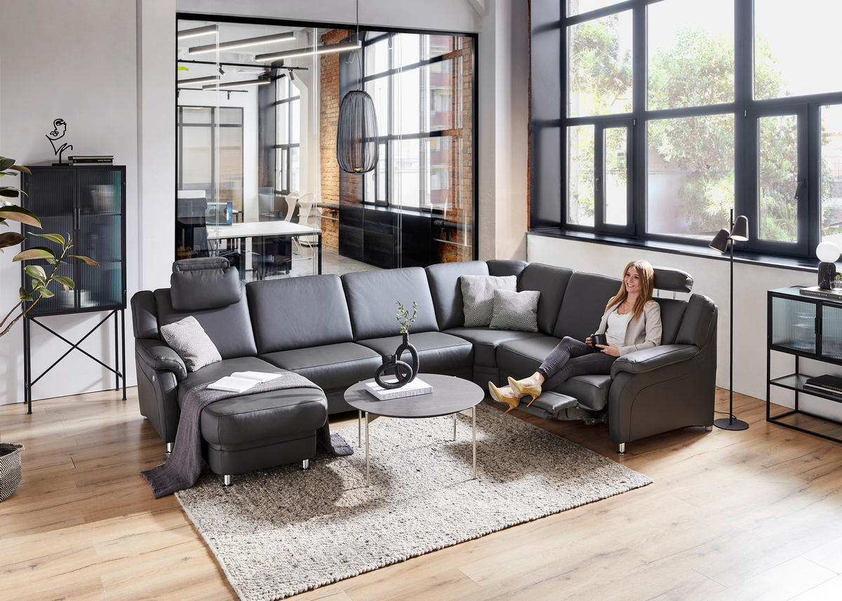 WOHNLANDSCHAFT Anthrazit Echtleder  - Anthrazit/Alufarben, KONVENTIONELL, Leder/Metall (165/329/239cm) - Beldomo Premium