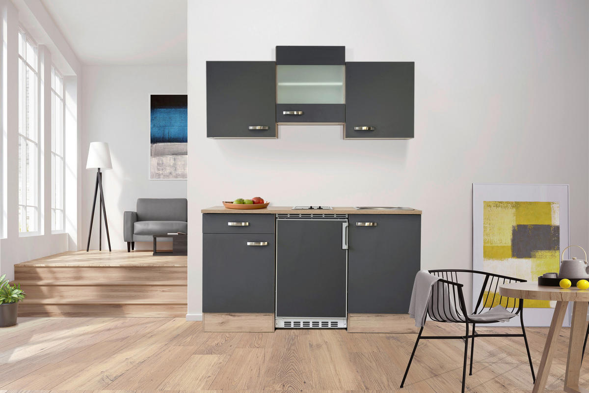 MINIKÜCHE   in Grau, Eiche San Remo  - Edelstahlfarben/Eiche San Remo, MODERN, Glas/Holzwerkstoff (150,5/209/60cm) - FlexWell