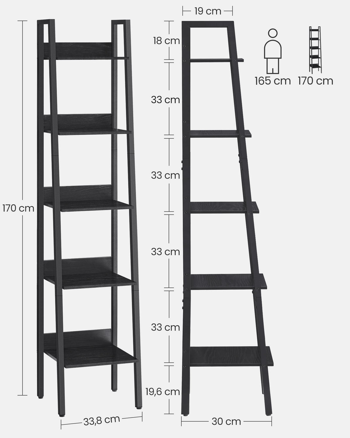 BÜCHERWAND Schwarz  - Schwarz, Basics, Holzwerkstoff/Metall (33,8/170/30cm) - Boxxx