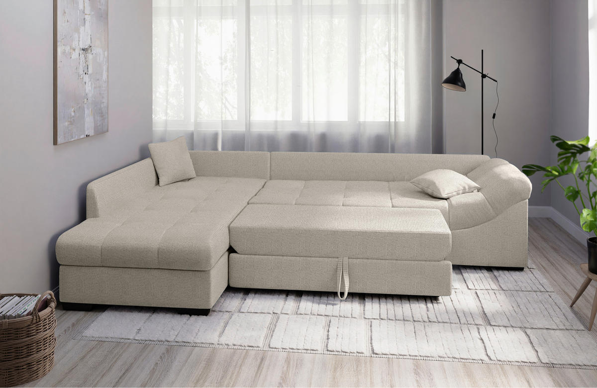 ECKSCHLAFSOFA in Chenille Beige  - Beige/Schwarz, MODERN, Holz/Textil (202/298cm) - MID.YOU