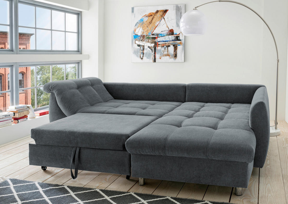 ECKSCHLAFSOFA in Mikrofaser Anthrazit  - Chromfarben/Blau, Modern, Textil/Metall (250/190cm) - Livetastic