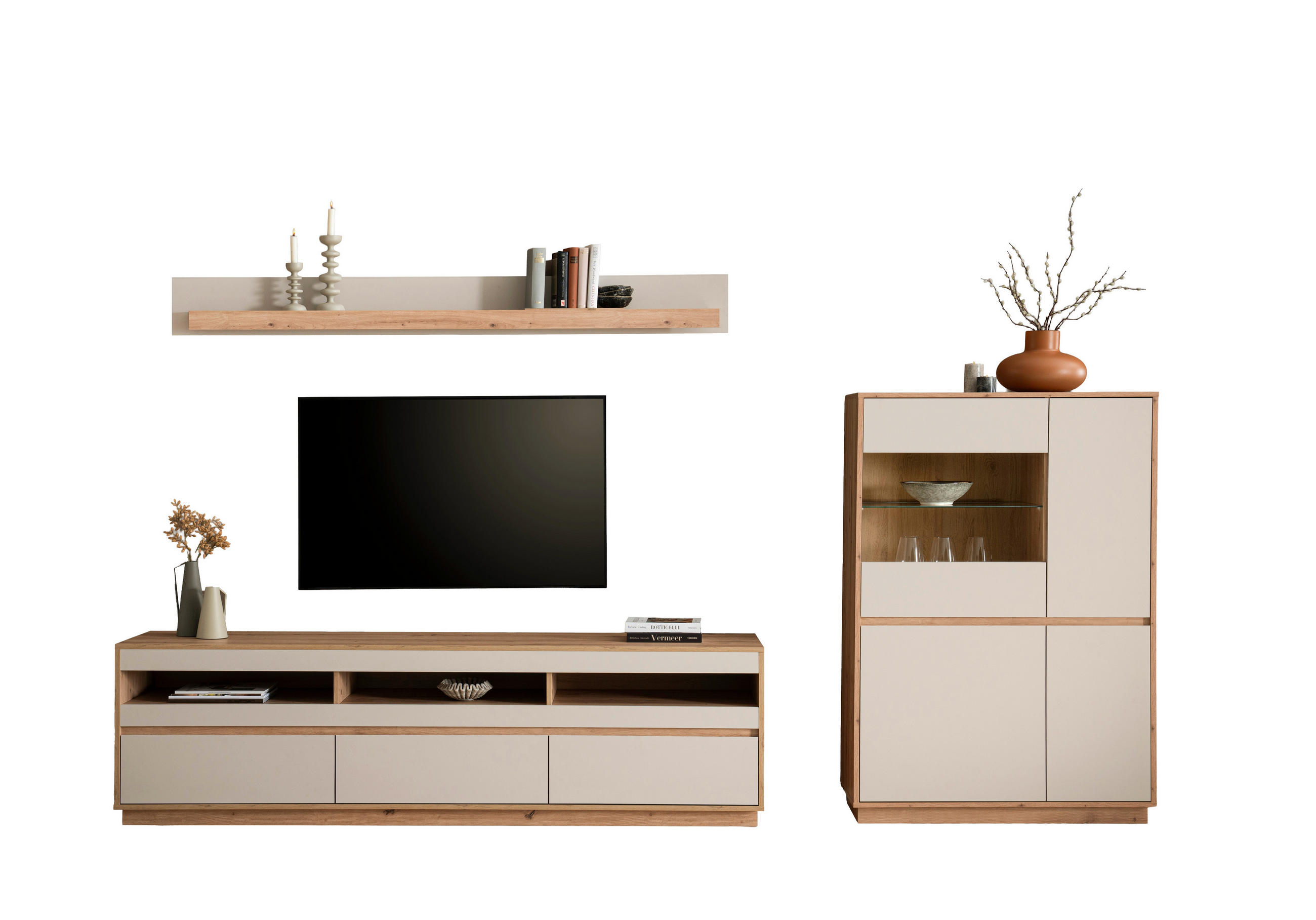 WOHNWAND 3-teilig  in Eiche Artisan  292/205/40 cm  - Kaschmir/Eiche Artisan, Design, Glas/Holzwerkstoff (292/205/40cm) - MID.YOU