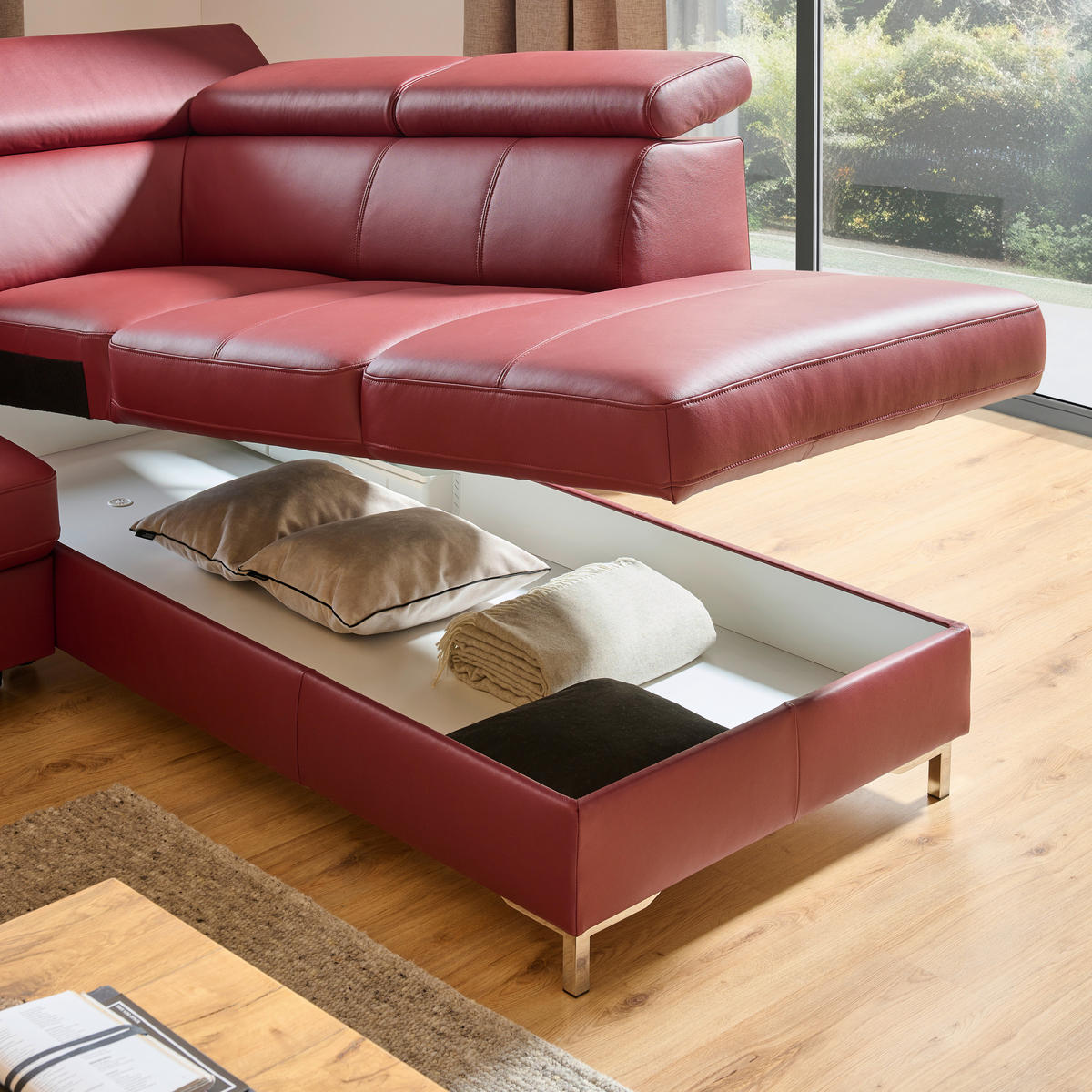 ECKSOFA in Echtleder Bordeaux  268/213 cm  - Chromfarben/Bordeaux, Design, Leder/Metall (268/213cm) - Stylife