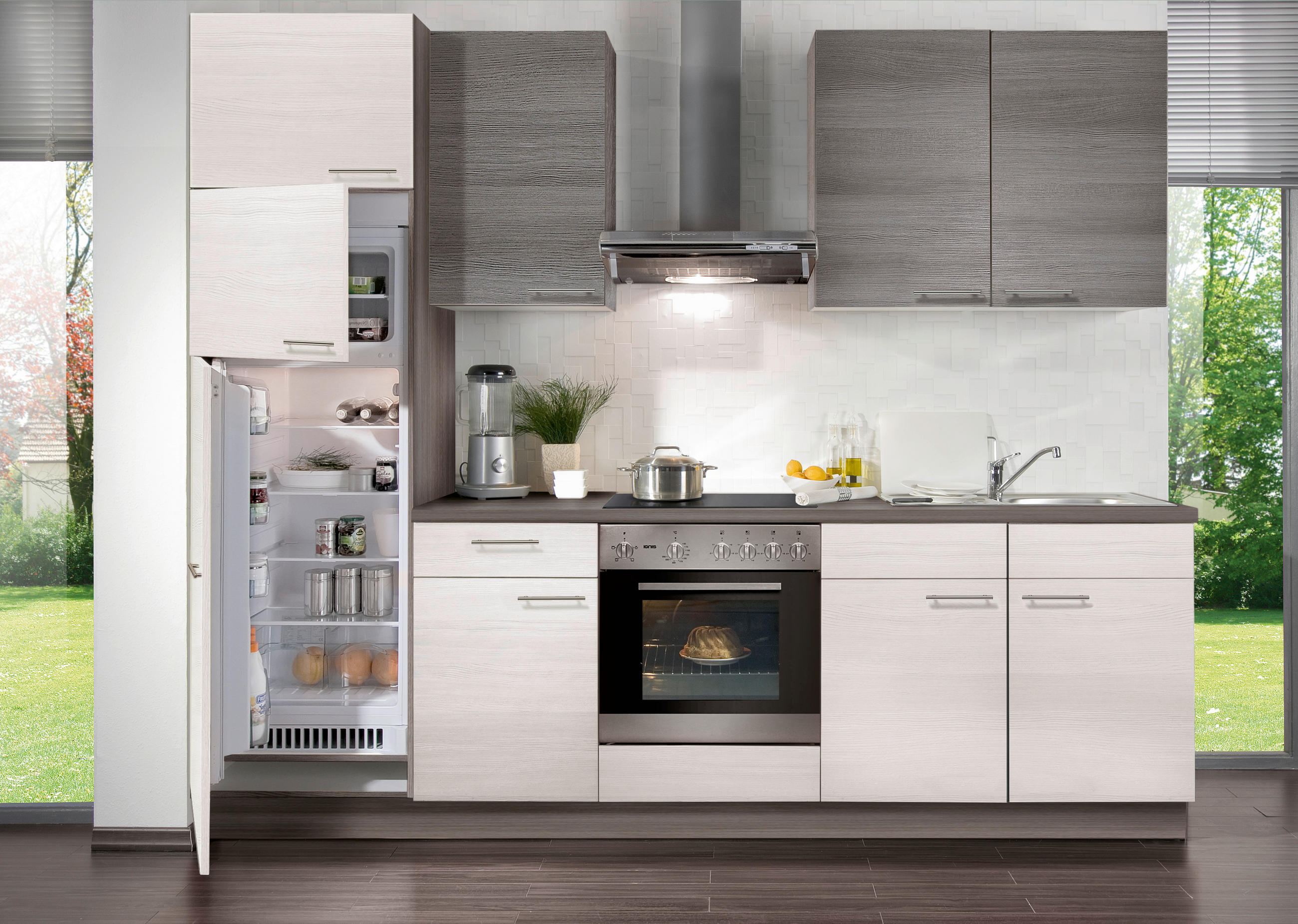 KÜCHENBLOCK 270 cm   in Grau, Weiß, Eichefarben  - Edelstahlfarben/Eichefarben, Design, Holzwerkstoff/Metall (270cm) - Welnova