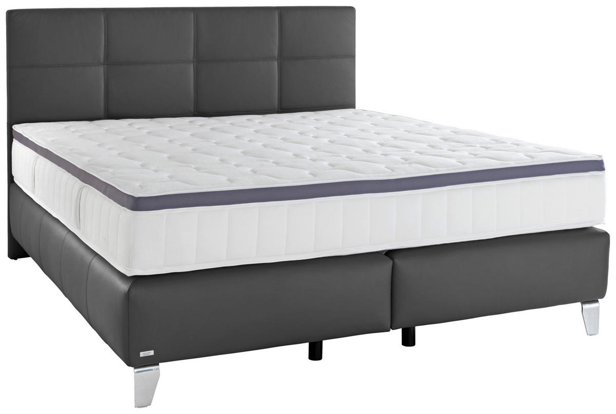 BOXSPRINGBETT 180/200 cm,  in Schwarz, Matratze, gepolstertes Kopfteil, Topper, H3 + H4 = fest + sehr fest  - Chromfarben/Schwarz, KONVENTIONELL, Leder/Textil (180/200cm) - Novel