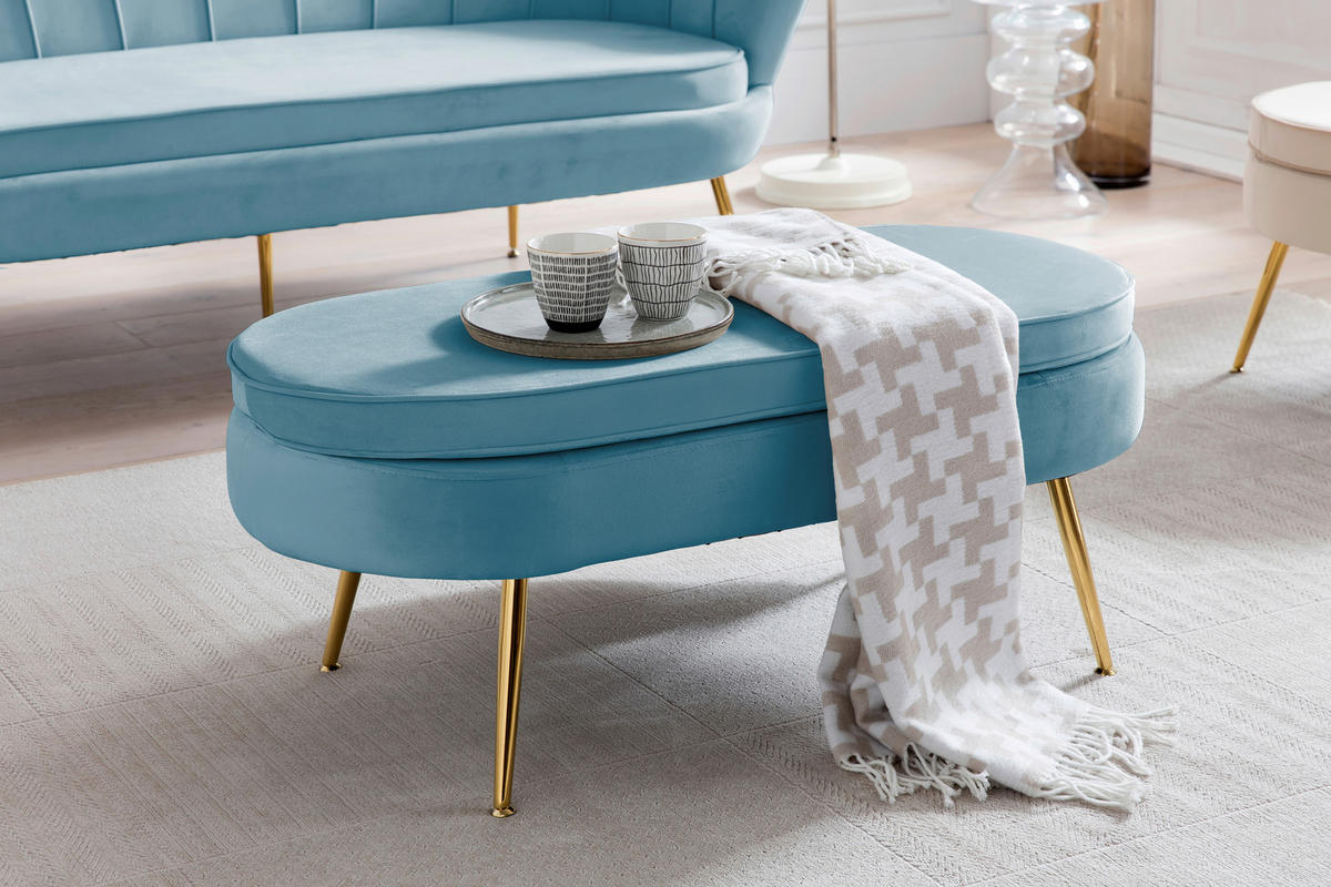 HOCKER Samt Blau  - Blau/Goldfarben, MODERN, Textil/Metall (99/40/44cm) - Livetastic