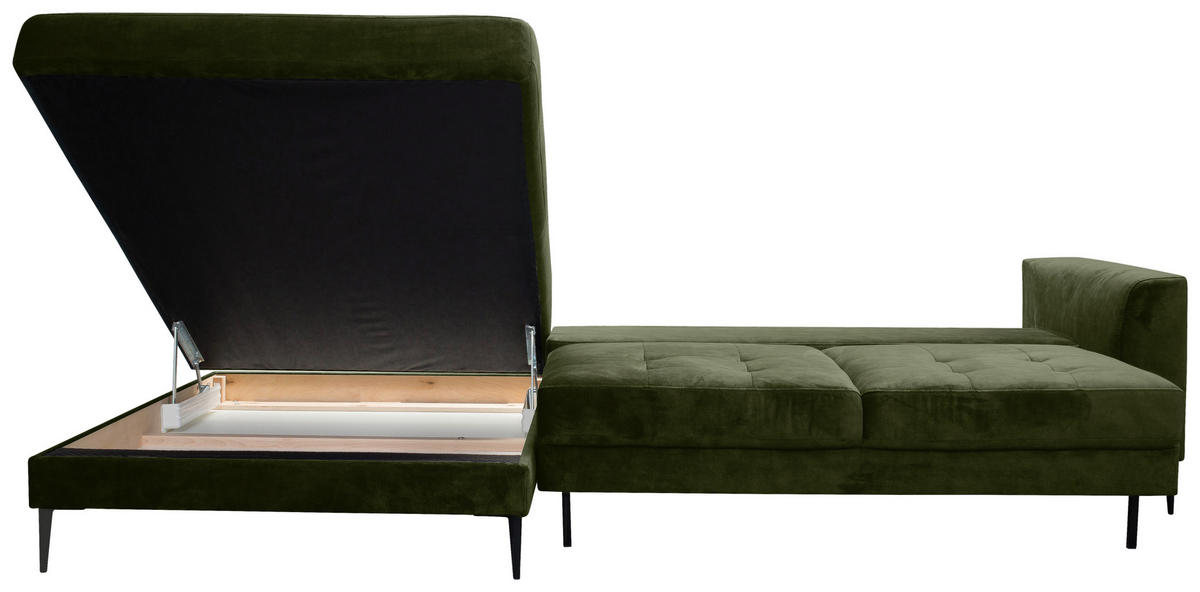 ECKSCHLAFSOFA  mit Bettkasten erhältlich, Stoffauswahl, Schlafen auf Sitzhöhe, Bettfunktion erhältlich, Hocker erhältlich Mikrofaser Dunkelgrün  - Dunkelgrün/Schwarz, MODERN, Textil (168/280cm) - Trendmanufaktur
