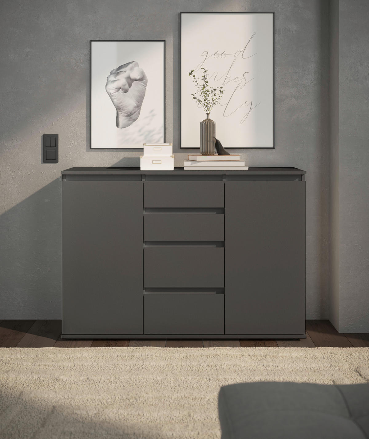 KOMODA, antracit  - siva/antracit, Design, umetna masa/leseni material (119/84/35cm) - Carryhome